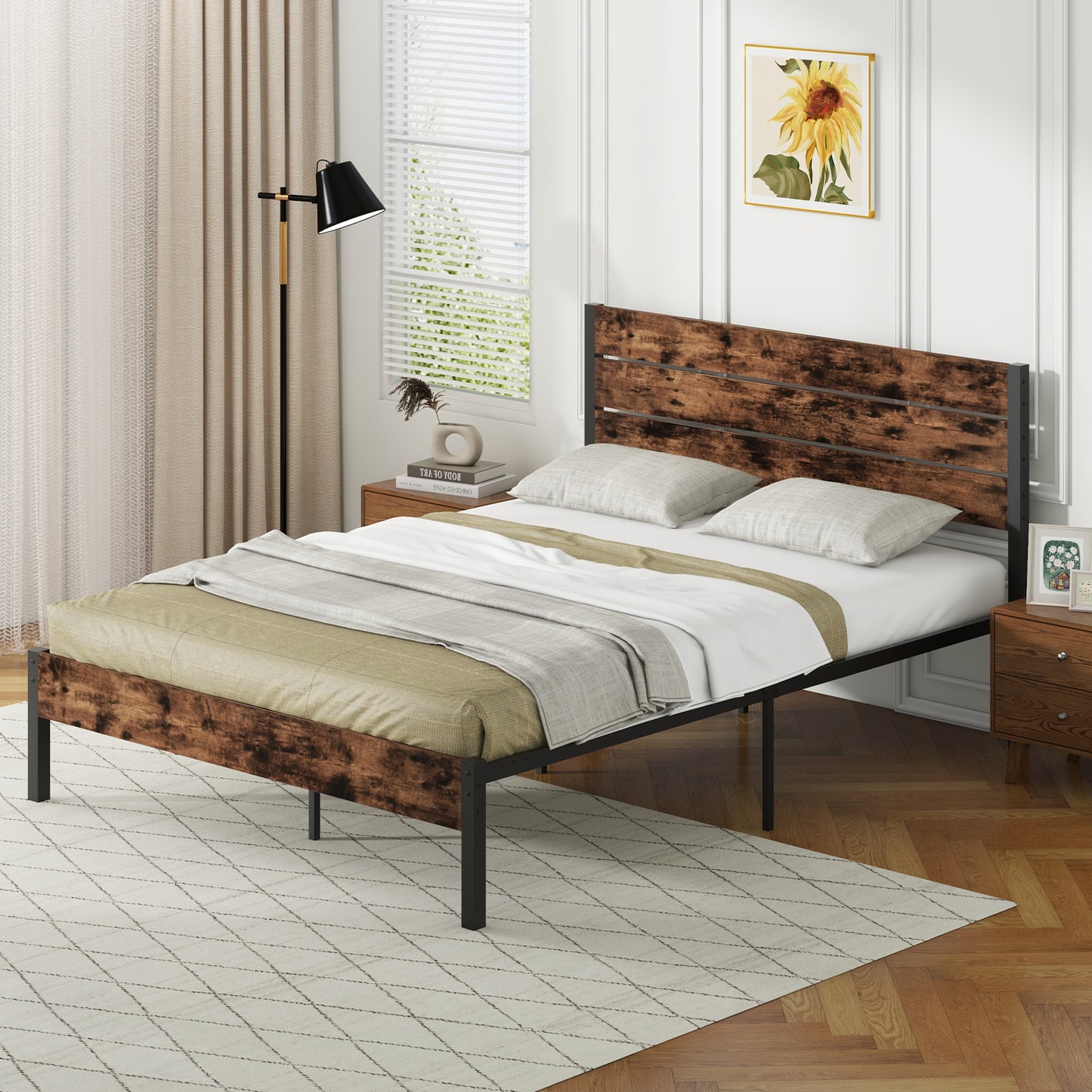 Rustic Brown Metal Platform Bed Frame with Slatted Headboard and Mute Bar – Queen Size