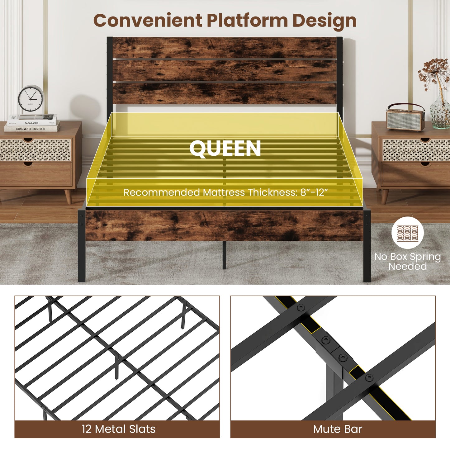 Rustic Brown Metal Platform Bed Frame with Slatted Headboard and Mute Bar – Queen Size