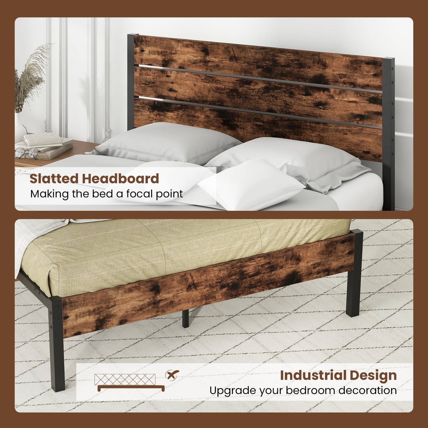 Rustic Brown Metal Platform Bed Frame with Slatted Headboard and Mute Bar – Queen Size