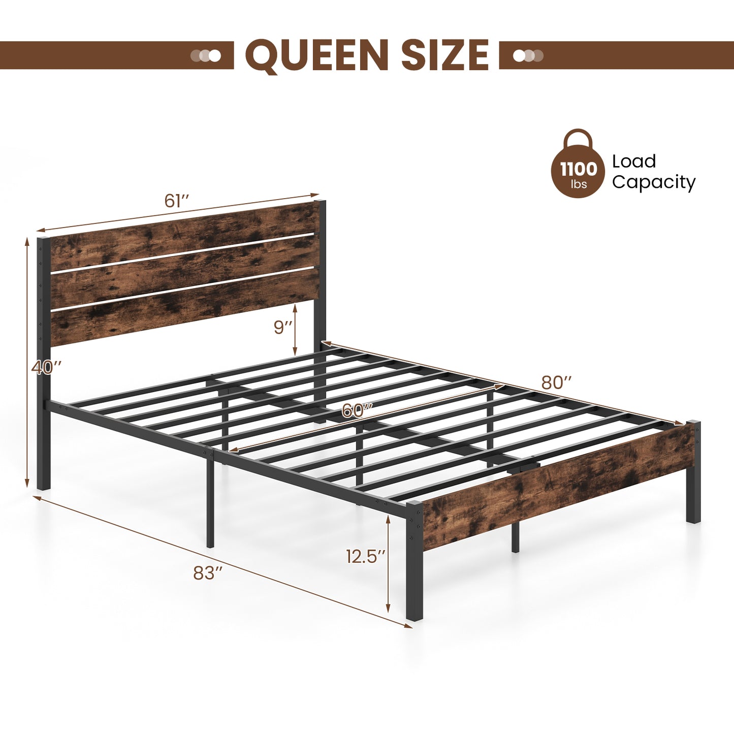 Rustic Brown Metal Platform Bed Frame with Slatted Headboard and Mute Bar – Queen Size