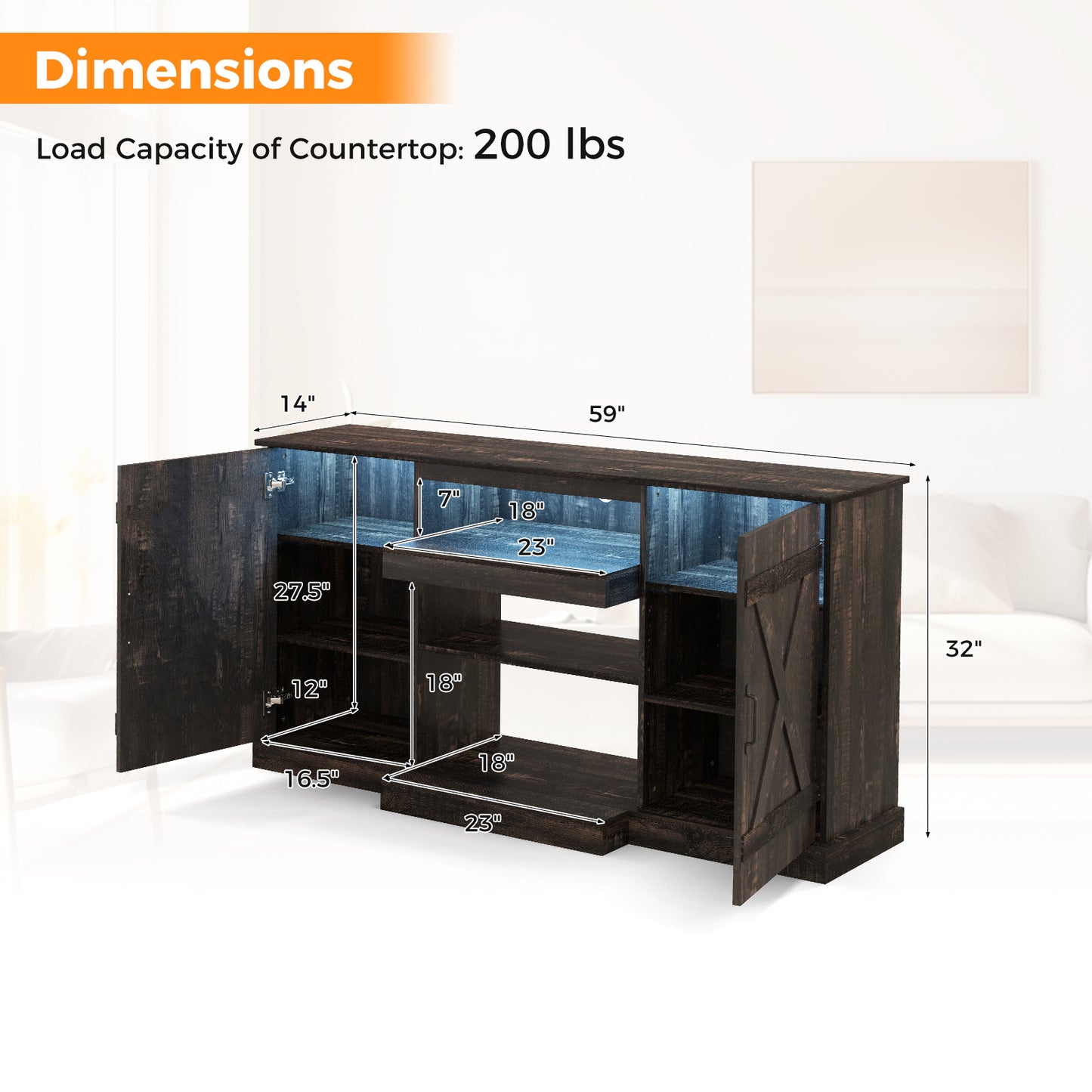 Rustic LED TV Stand with Adjustable Shelves for TVs up to 68 Inches, 20 Color Display, 58 Inch Console
