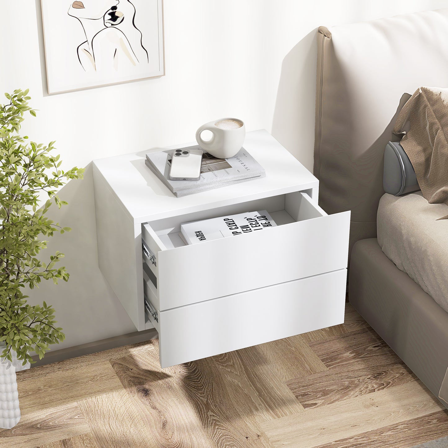 Wall Mounted Nightstand with 2 Drawers and Storage Shelf in White