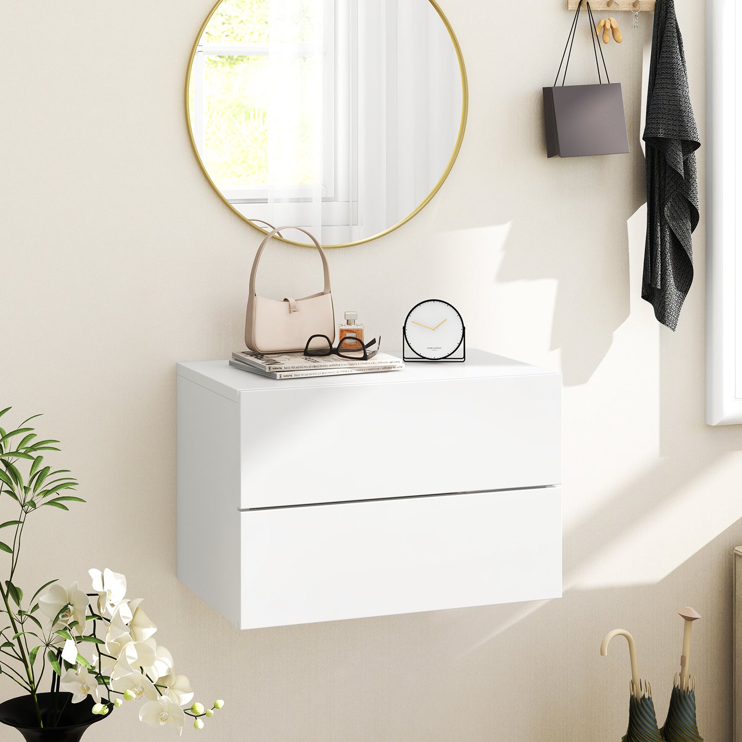 Wall Mounted Nightstand with 2 Drawers and Storage Shelf in White