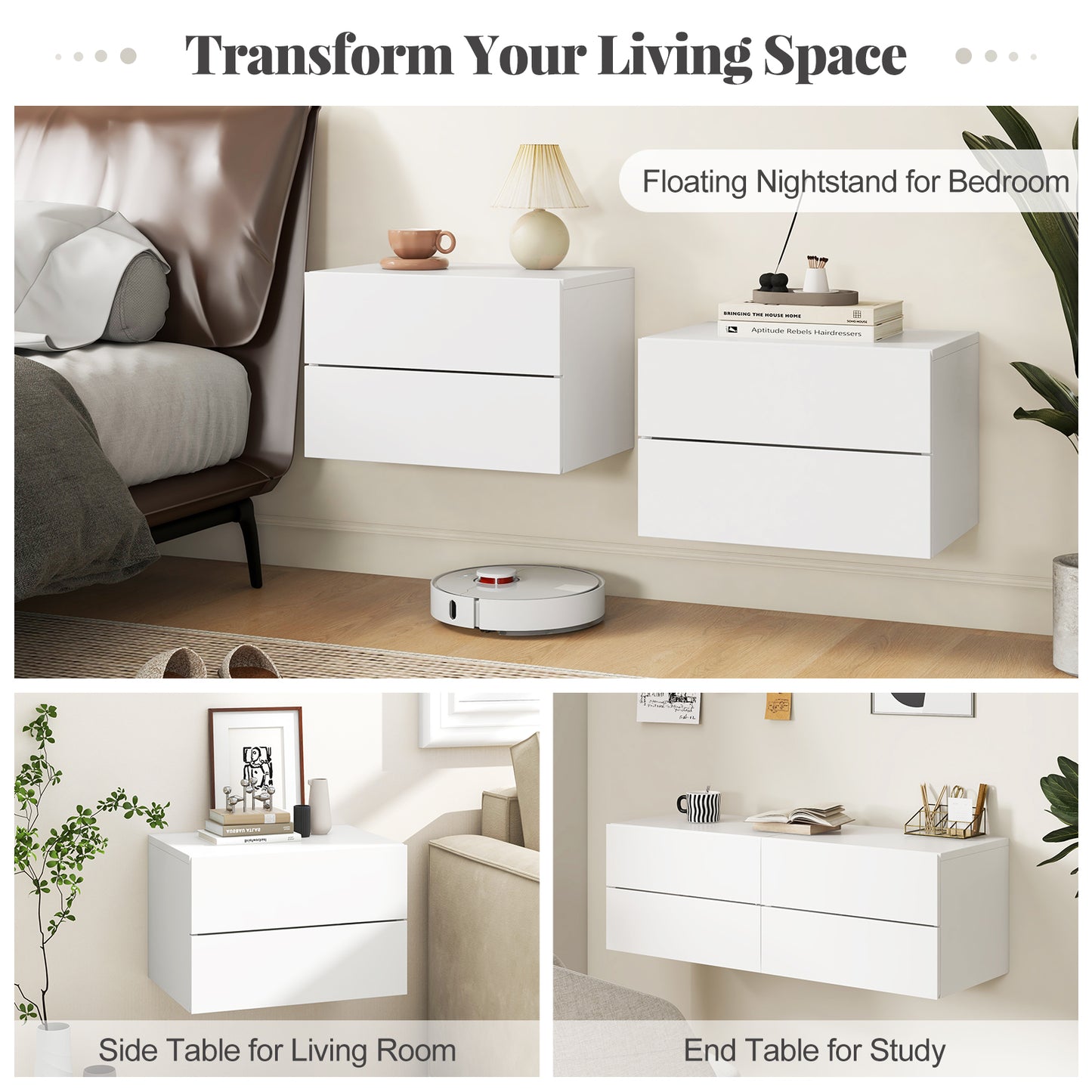 Wall Mounted Nightstand with 2 Drawers and Storage Shelf in White
