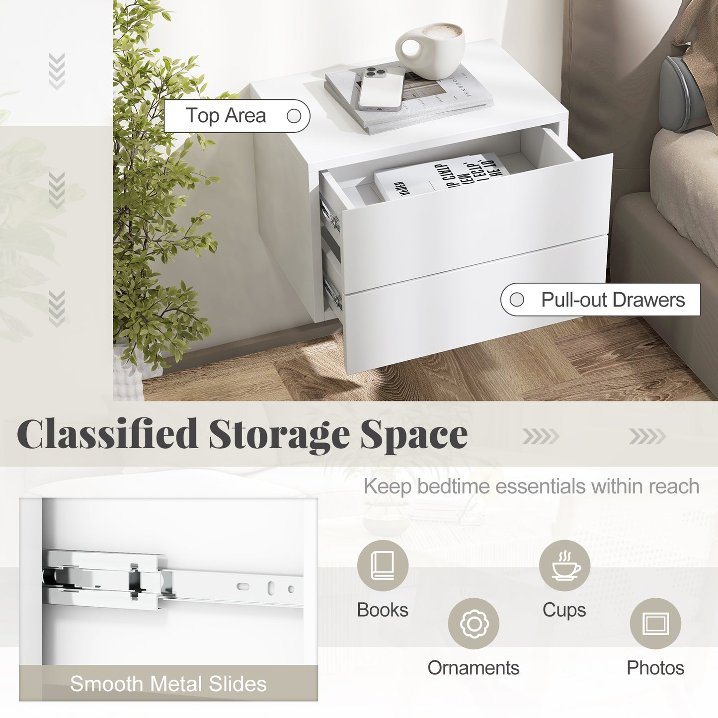 Wall Mounted Nightstand with 2 Drawers and Storage Shelf in White