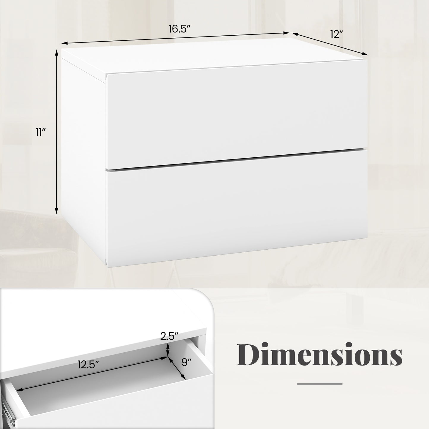 Wall Mounted Nightstand with 2 Drawers and Storage Shelf in White