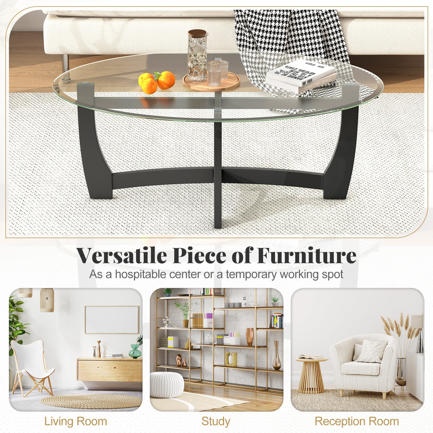 Elegant Oval Coffee Table with Tempered Glass Top and Durable Rubber Wood Legs
