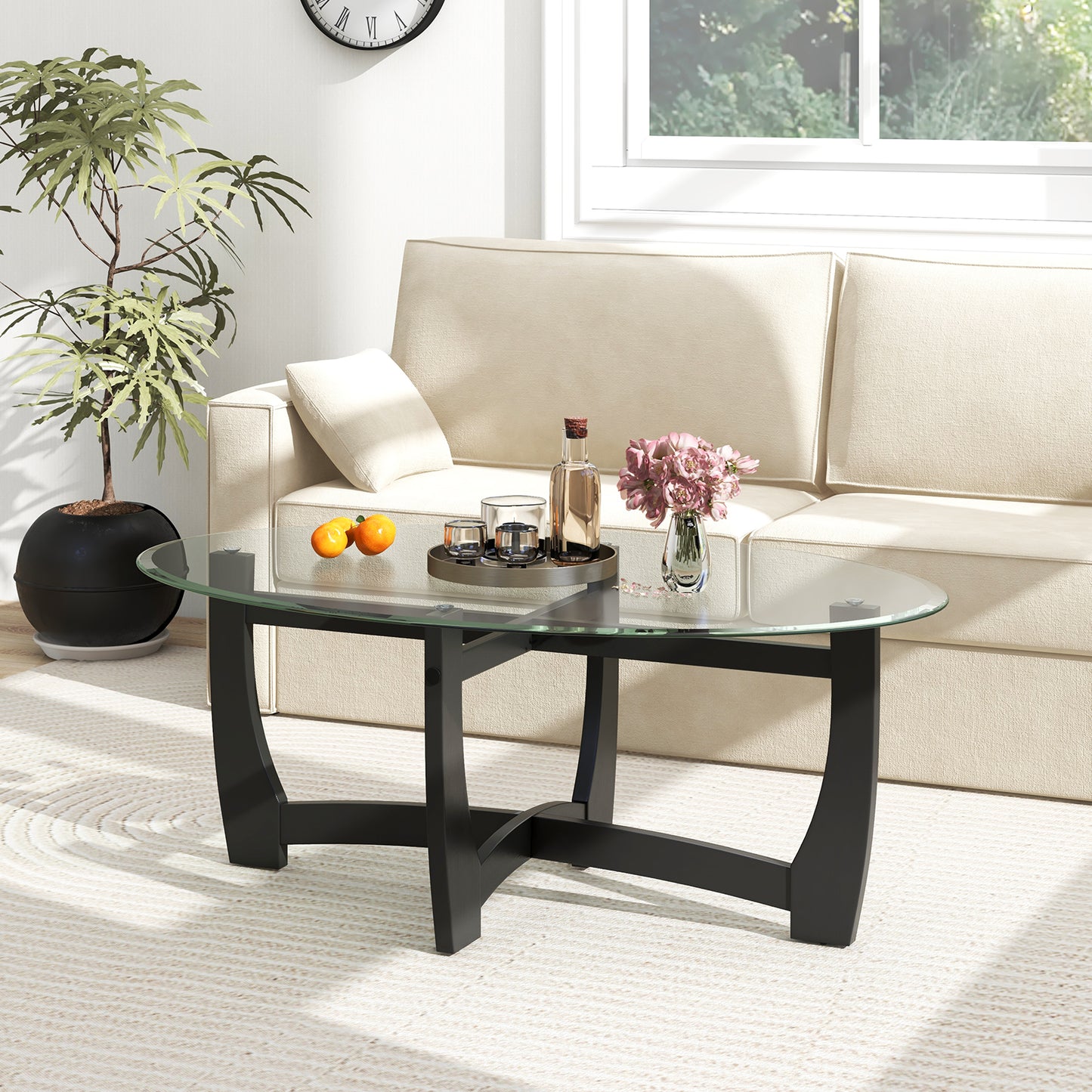 Elegant Oval Coffee Table with Tempered Glass Top and Durable Rubber Wood Legs