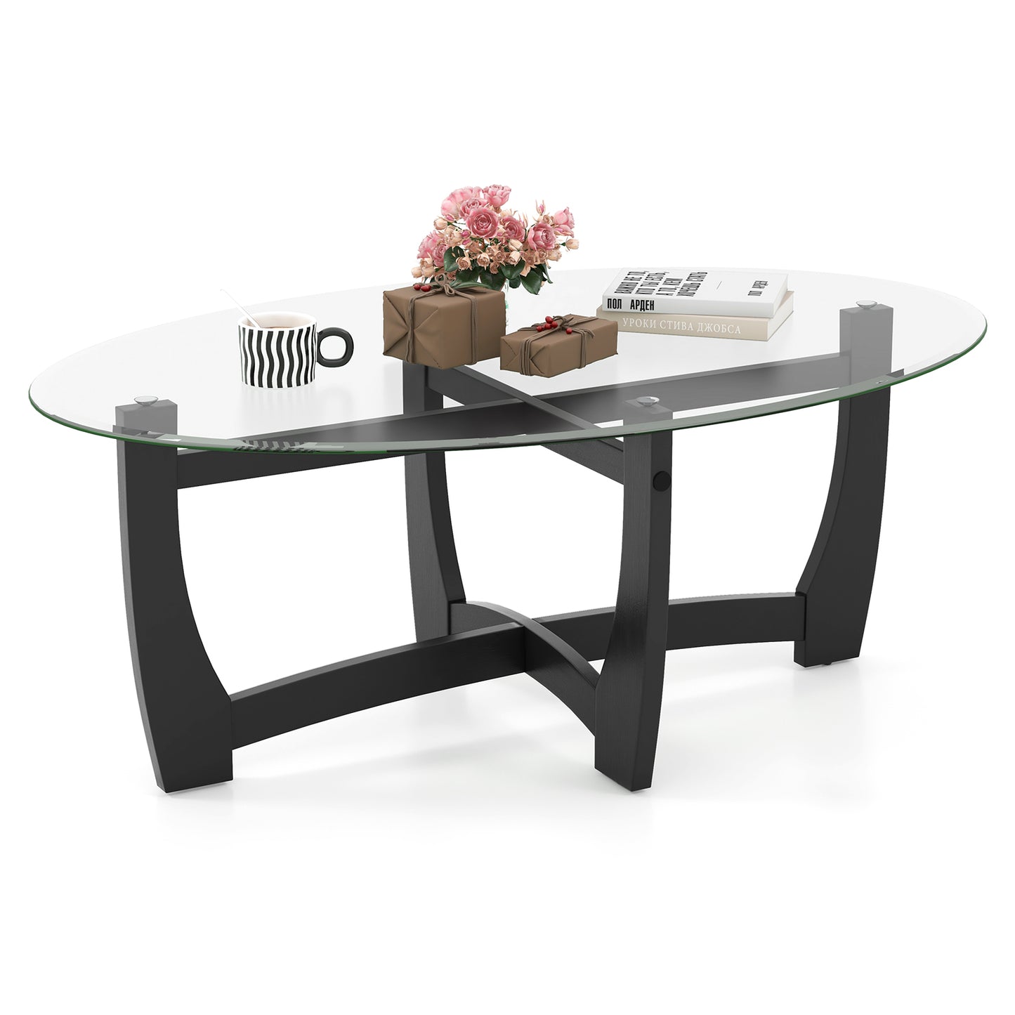 Elegant Oval Coffee Table with Tempered Glass Top and Durable Rubber Wood Legs