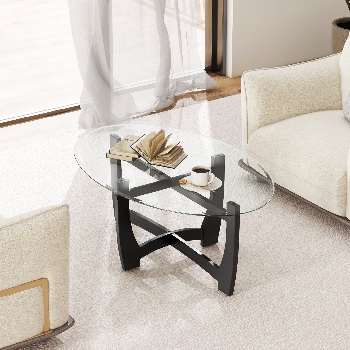 Elegant Oval Coffee Table with Tempered Glass Top and Durable Rubber Wood Legs