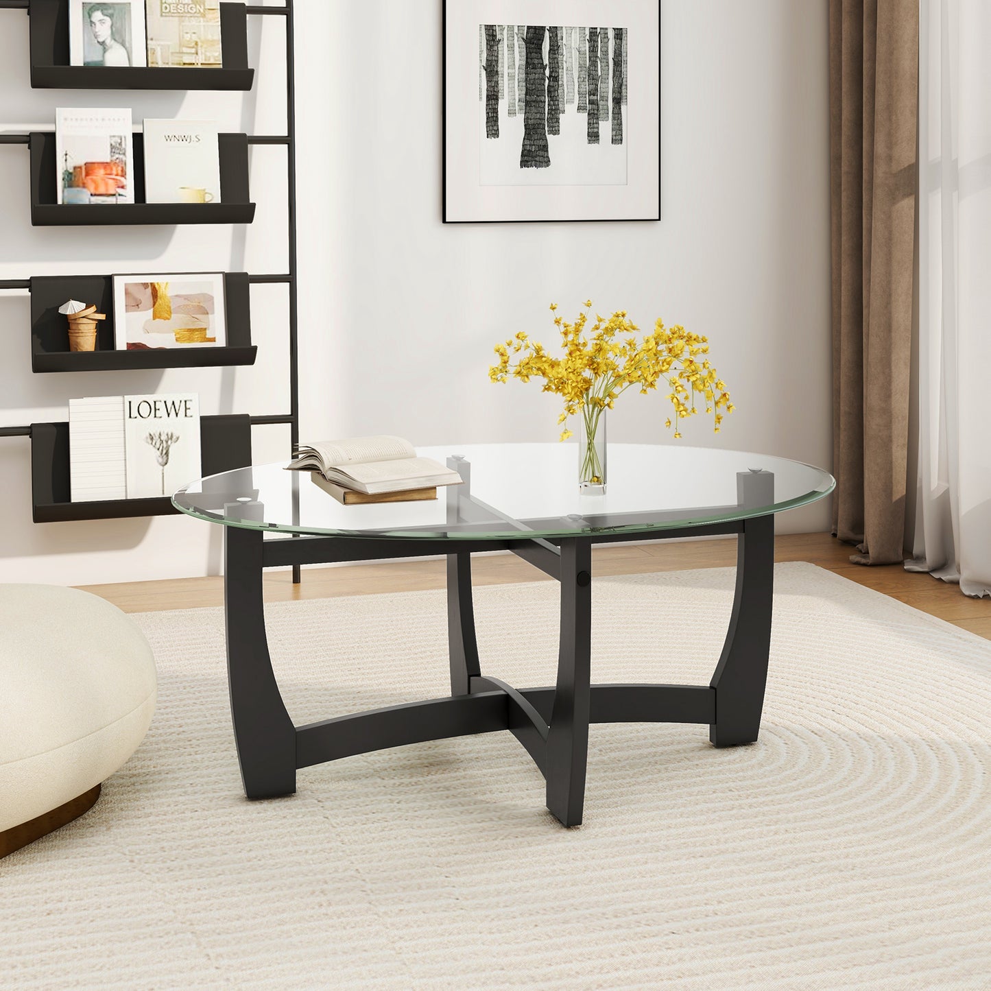 Elegant Oval Coffee Table with Tempered Glass Top and Durable Rubber Wood Legs