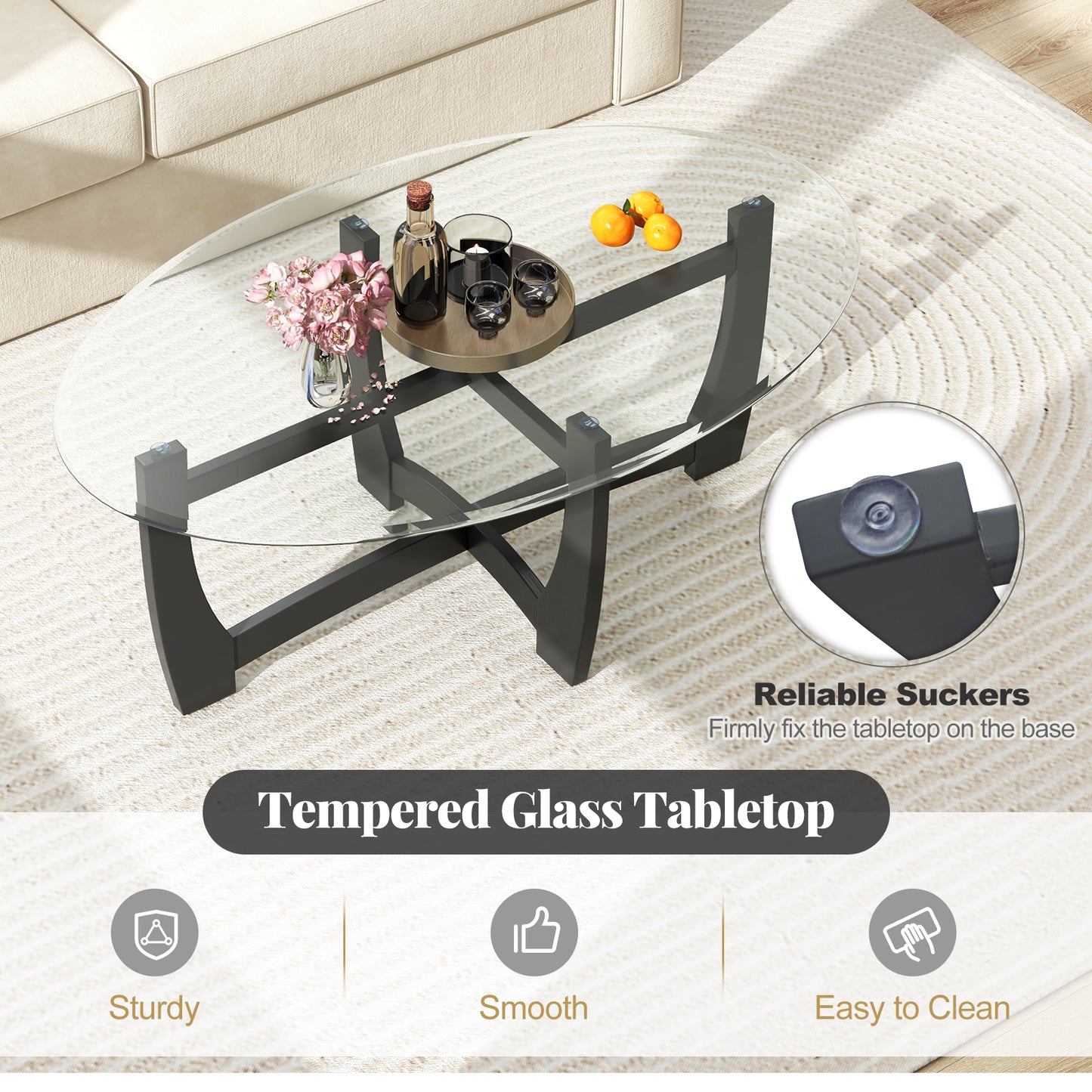 Elegant Oval Coffee Table with Tempered Glass Top and Durable Rubber Wood Legs