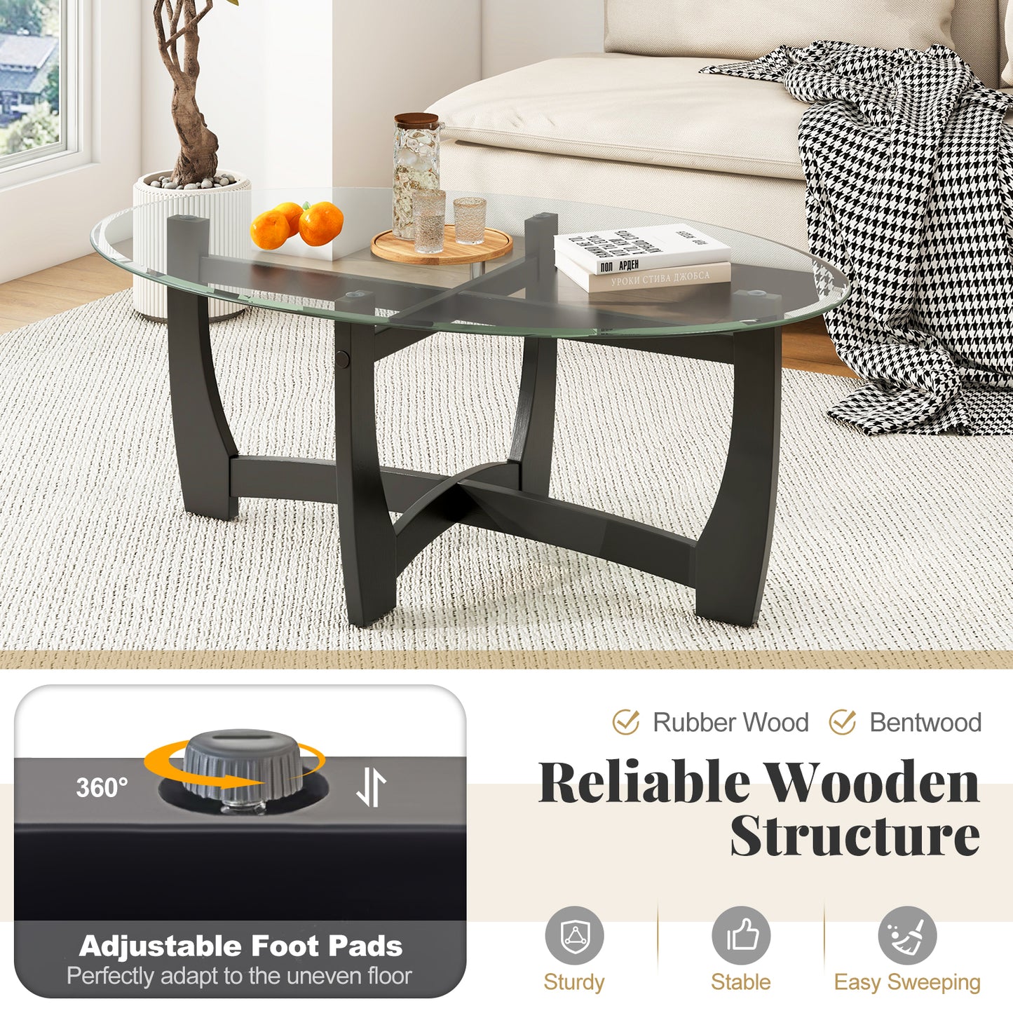 Elegant Oval Coffee Table with Tempered Glass Top and Durable Rubber Wood Legs