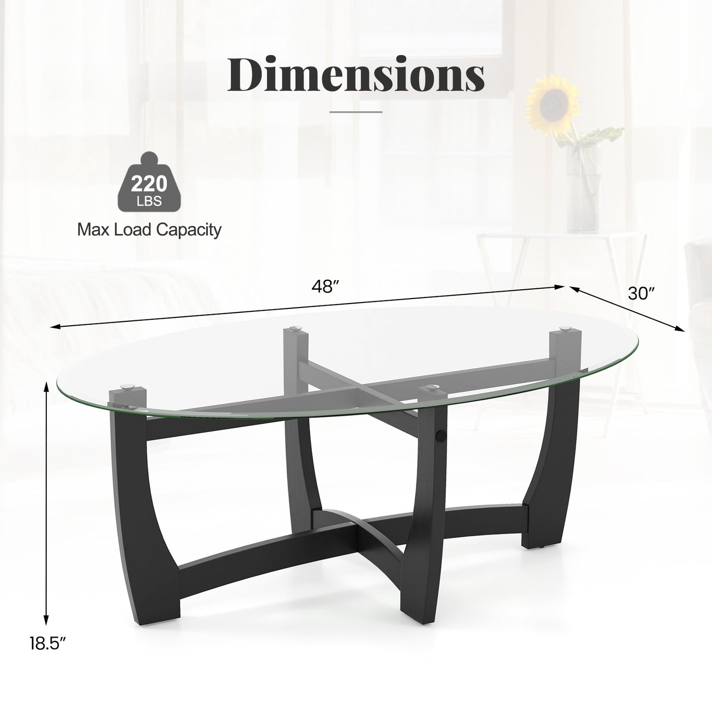 Elegant Oval Coffee Table with Tempered Glass Top and Durable Rubber Wood Legs