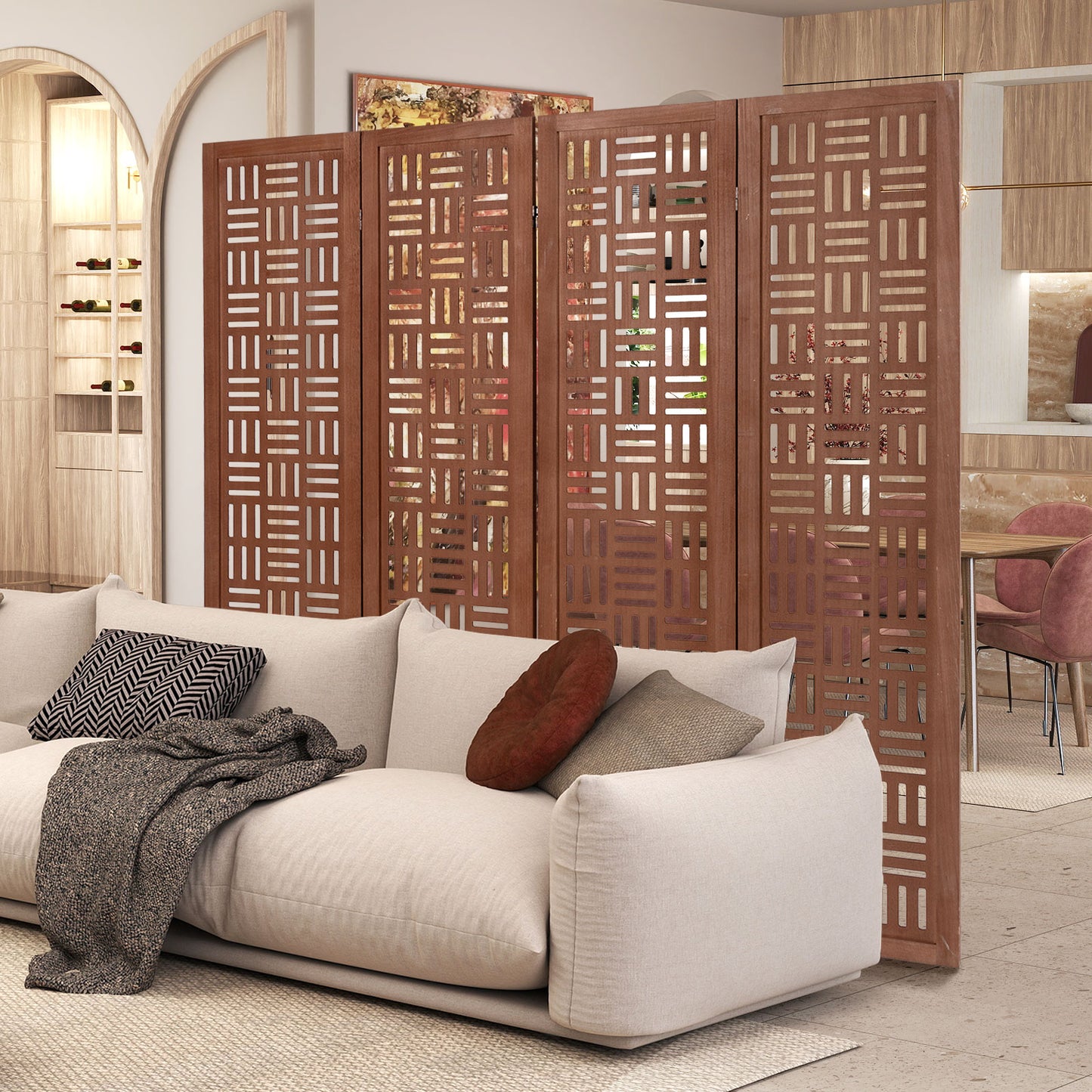 4-Panel Solid Wood Folding Room Divider Partition Screen for Privacy & Space Separation