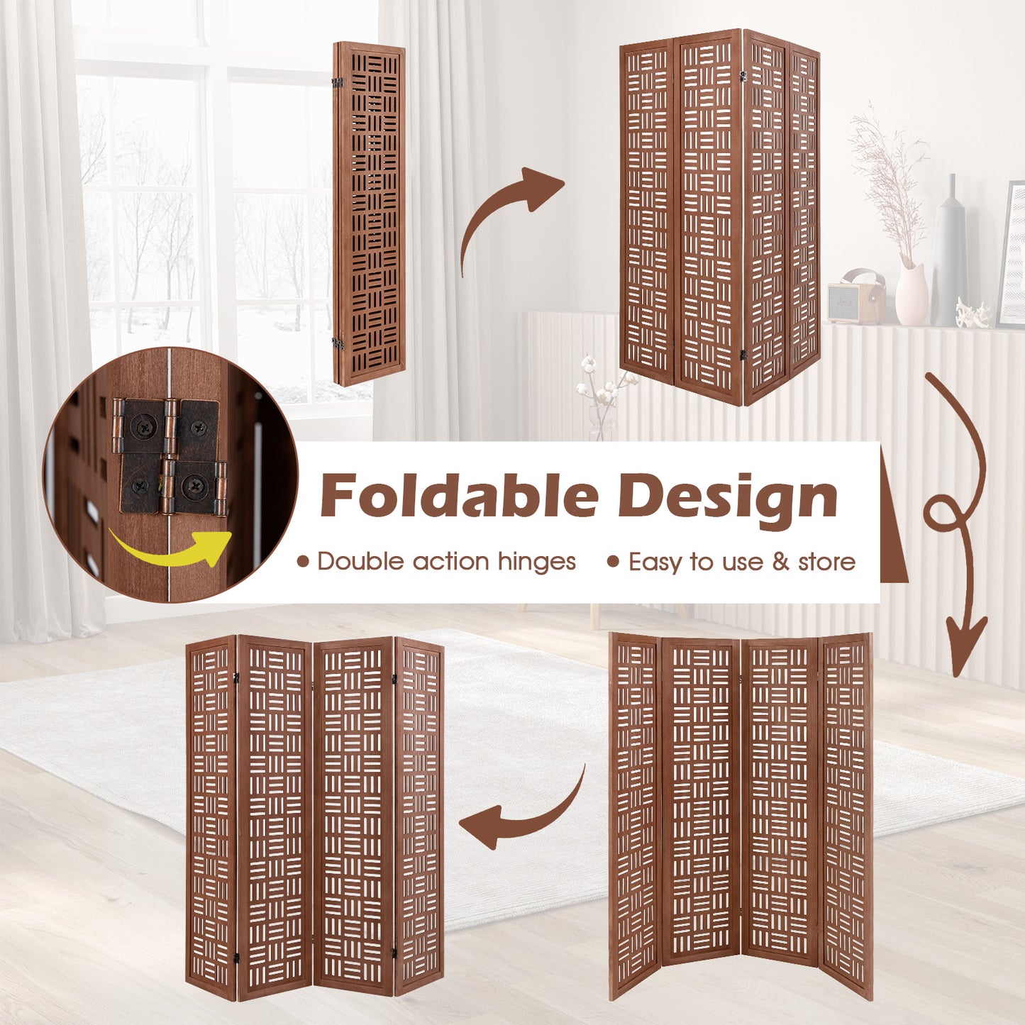 4-Panel Solid Wood Folding Room Divider Partition Screen for Privacy & Space Separation