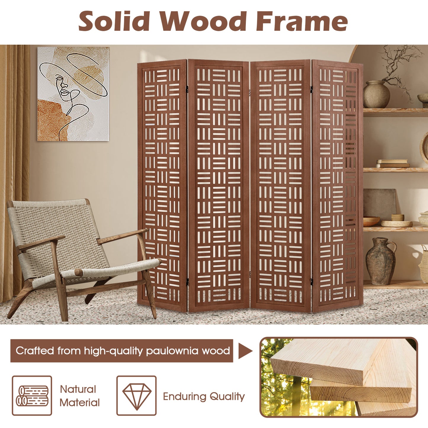 4-Panel Solid Wood Folding Room Divider Partition Screen for Privacy & Space Separation