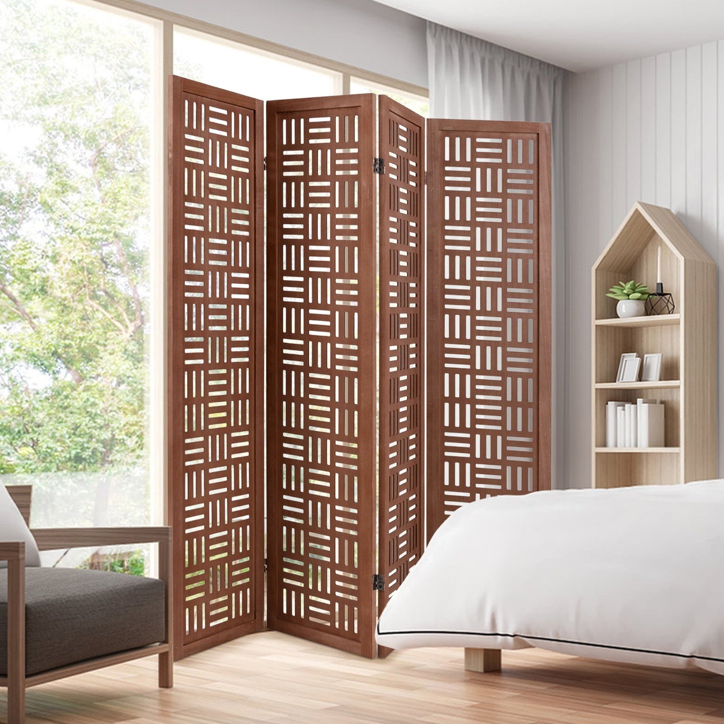 4-Panel Solid Wood Folding Room Divider Partition Screen for Privacy & Space Separation
