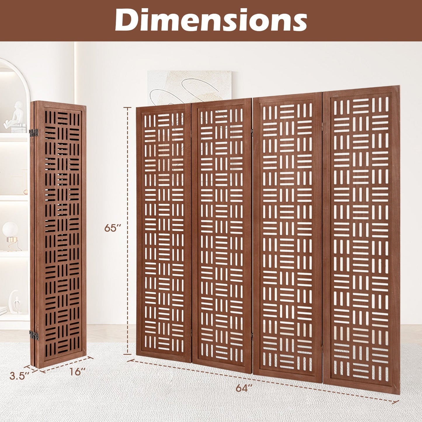 4-Panel Solid Wood Folding Room Divider Partition Screen for Privacy & Space Separation