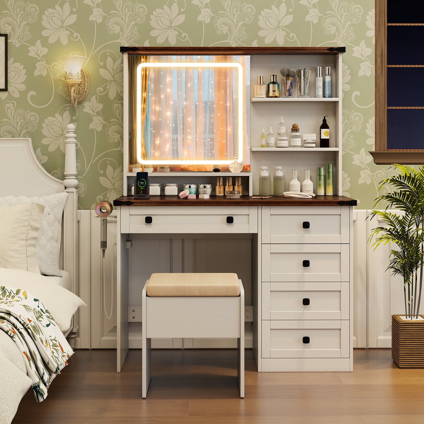 Farmhouse Style Makeup Vanity with 3-Color Lighted Mirror and Storage
