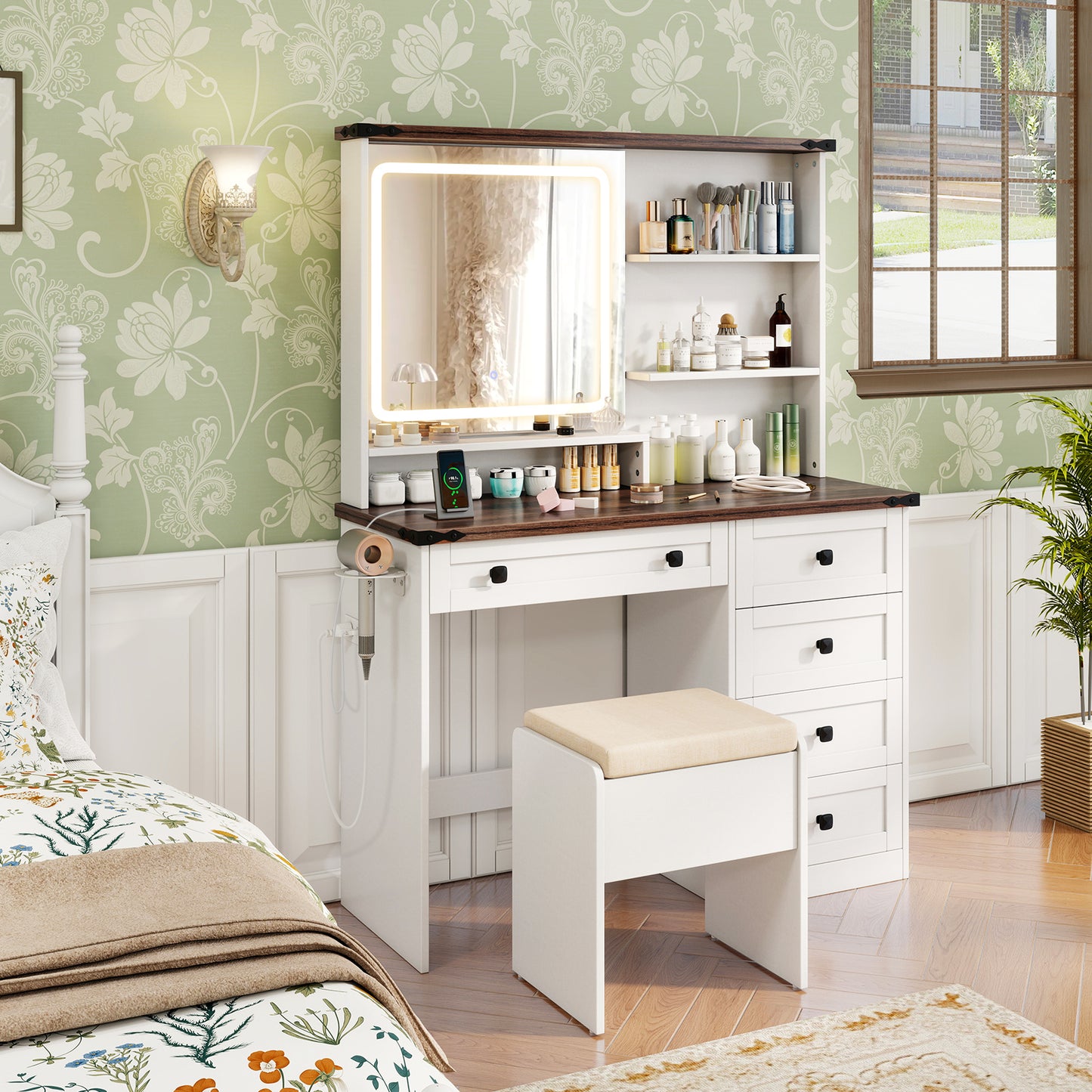 Farmhouse Style Makeup Vanity with 3-Color Lighted Mirror and Storage