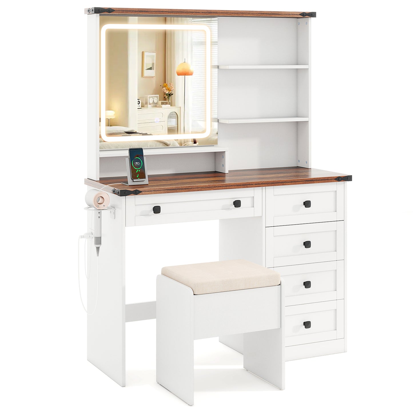 Farmhouse Style Makeup Vanity with 3-Color Lighted Mirror and Storage