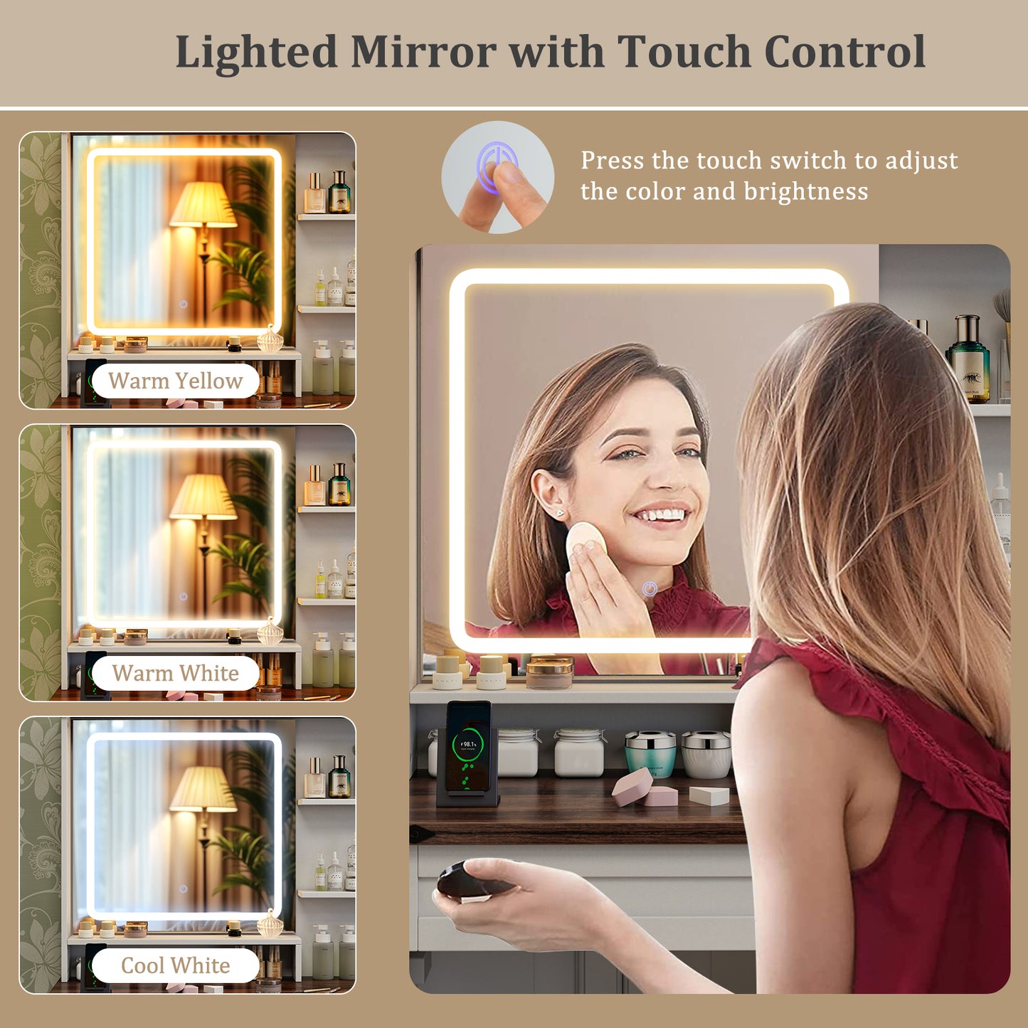 Farmhouse Style Makeup Vanity with 3-Color Lighted Mirror and Storage