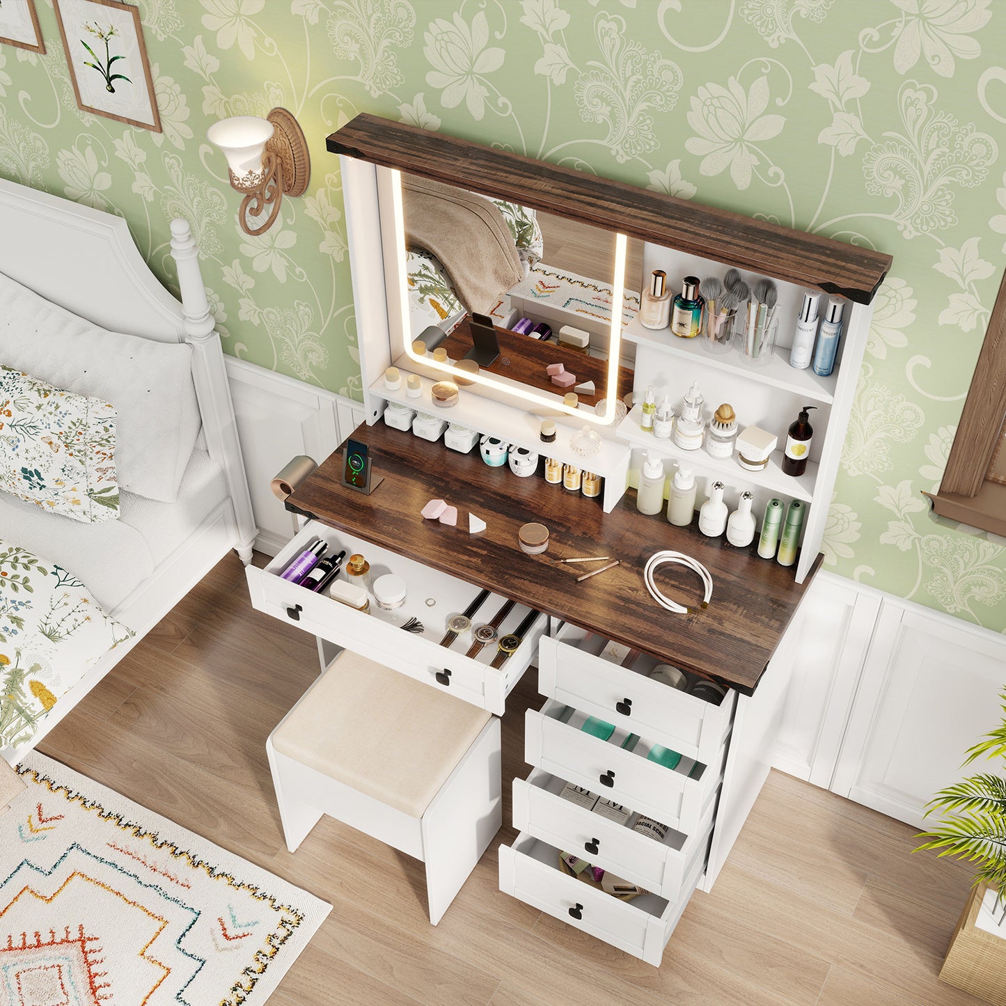 Farmhouse Style Makeup Vanity with 3-Color Lighted Mirror and Storage