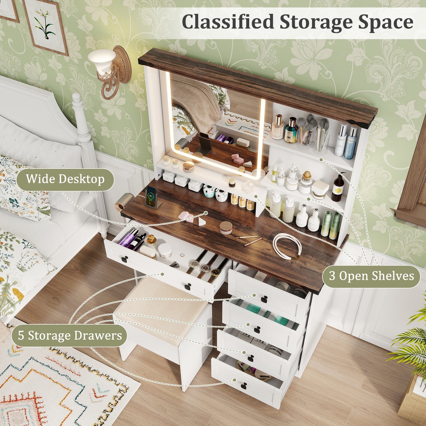Farmhouse Style Makeup Vanity with 3-Color Lighted Mirror and Storage
