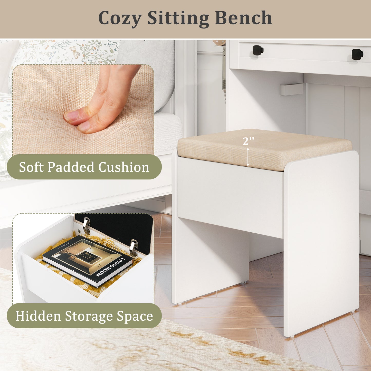 Farmhouse Style Makeup Vanity with 3-Color Lighted Mirror and Storage