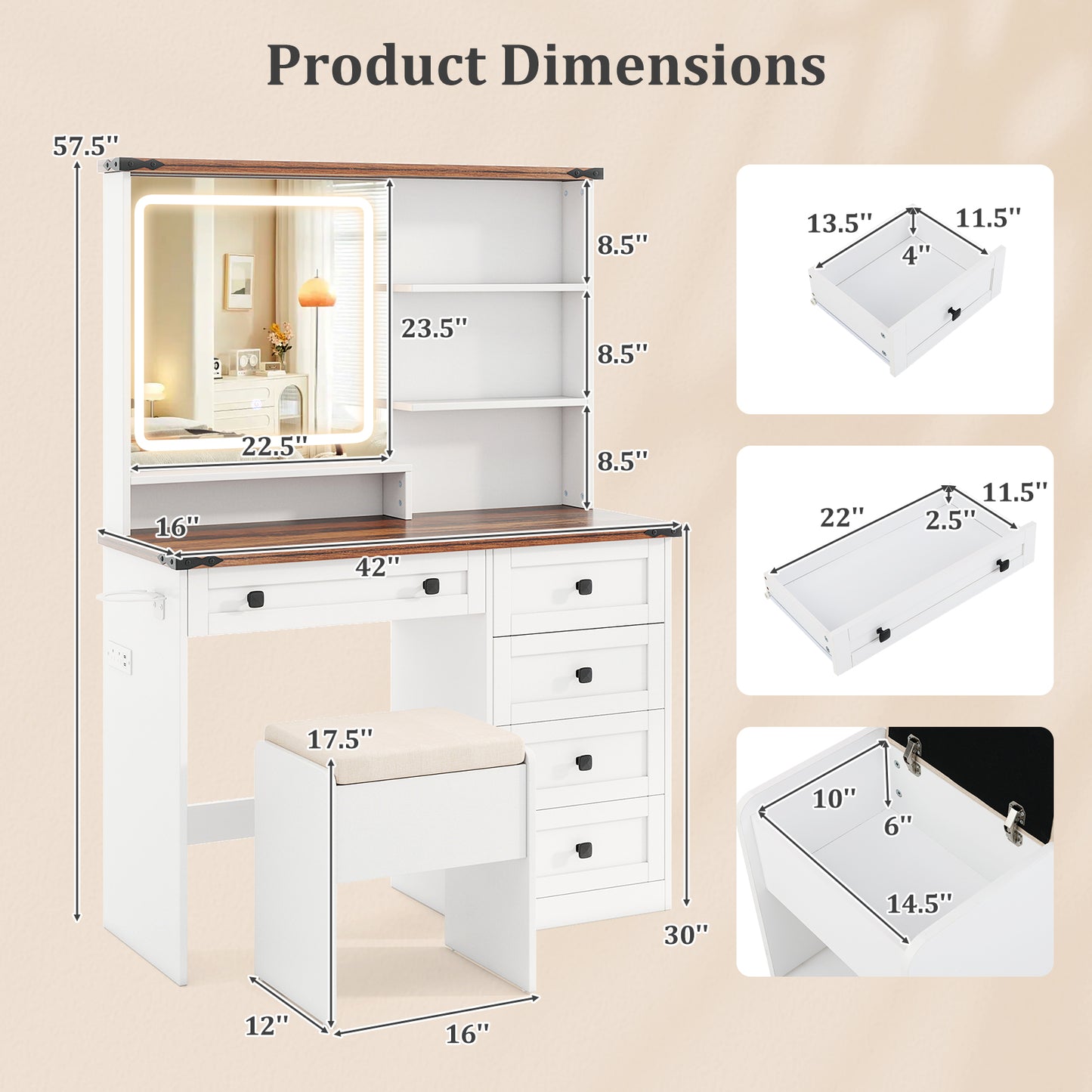Farmhouse Style Makeup Vanity with 3-Color Lighted Mirror and Storage