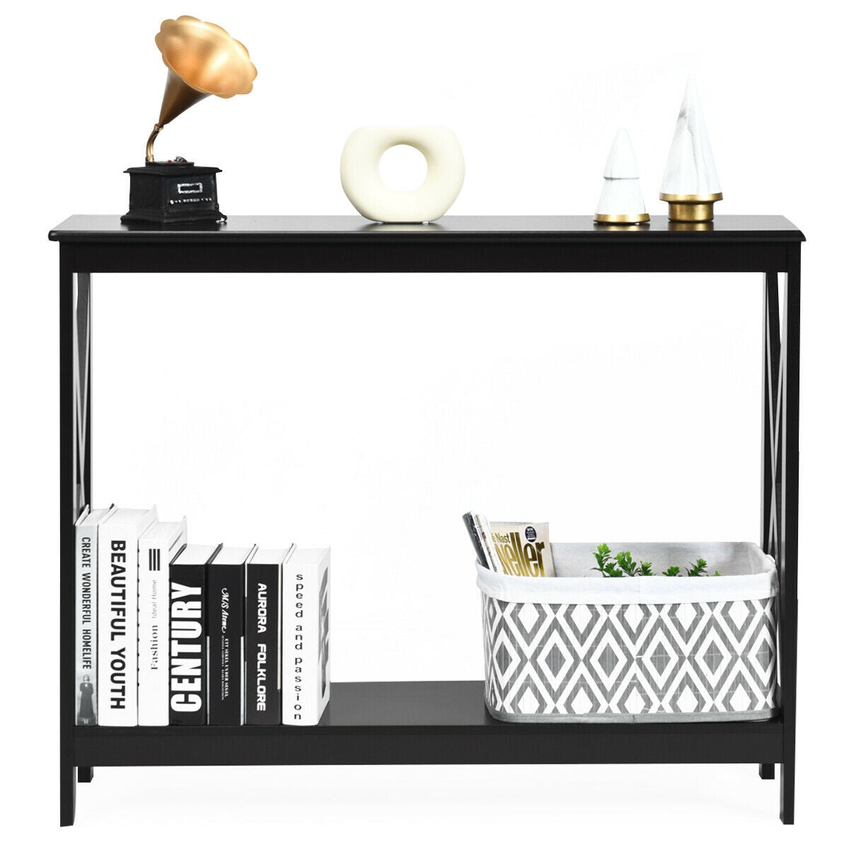 2 Tier Entryway Console Table with Open Shelves and X Frame in Black