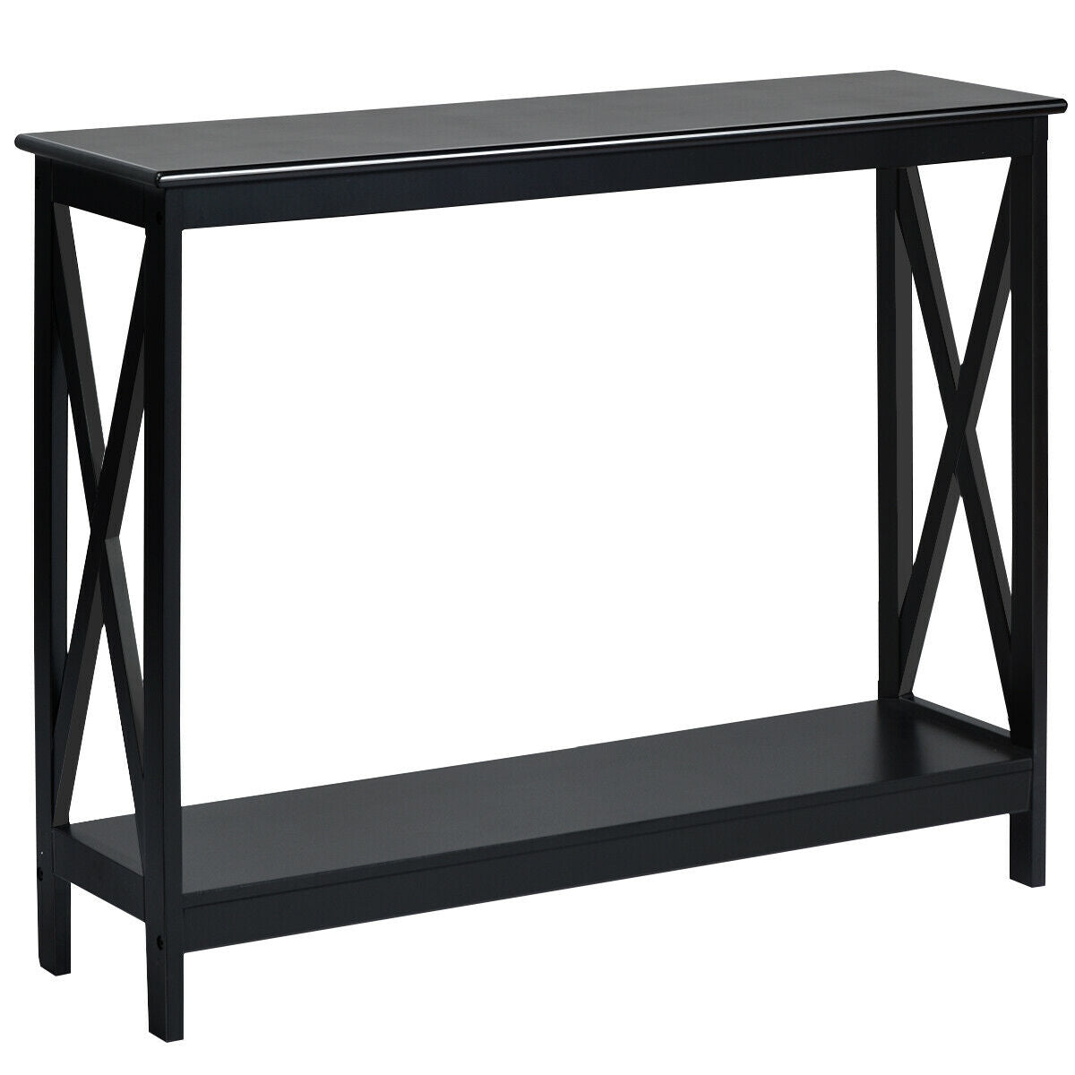 2 Tier Entryway Console Table with Open Shelves and X Frame in Black