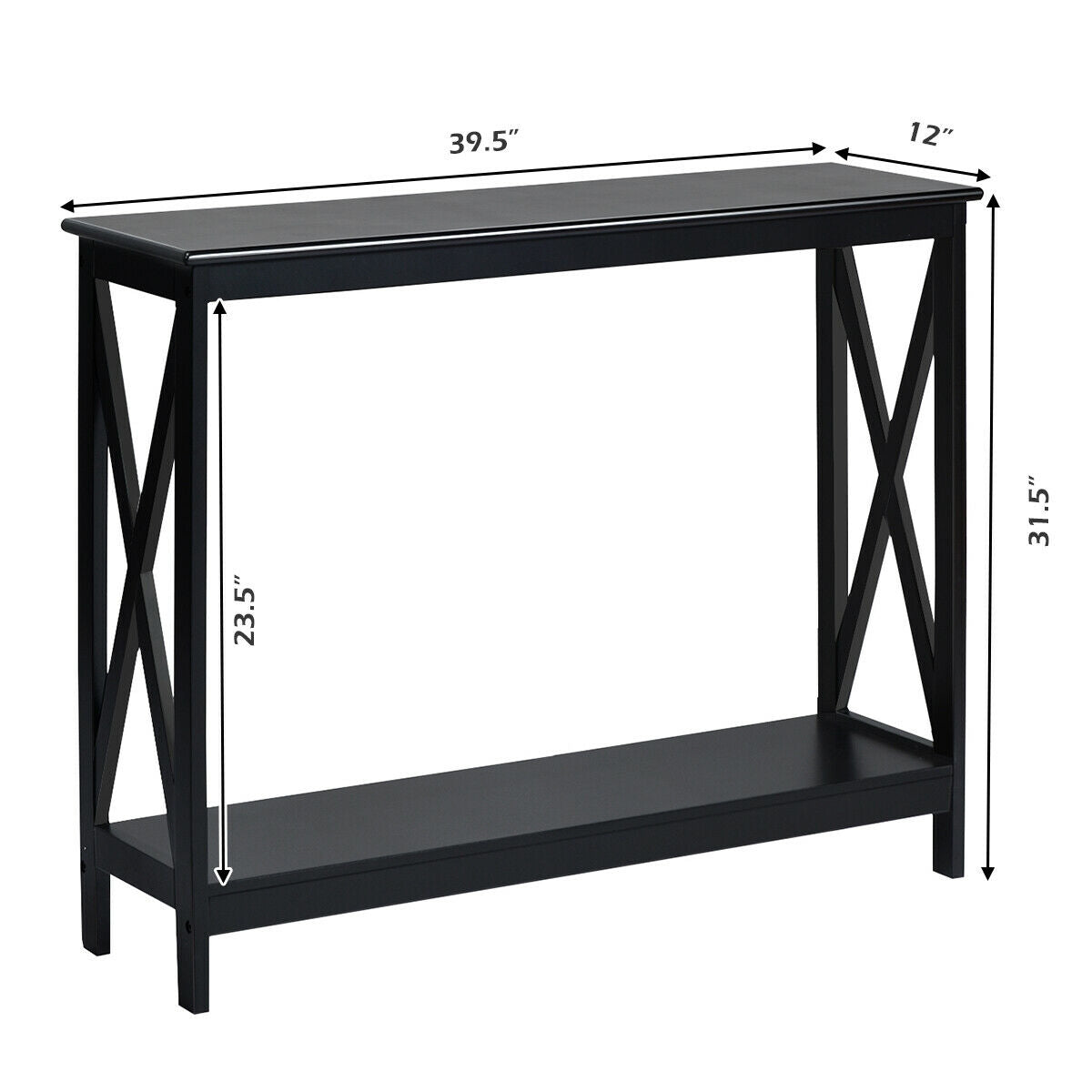 2 Tier Entryway Console Table with Open Shelves and X Frame in Black