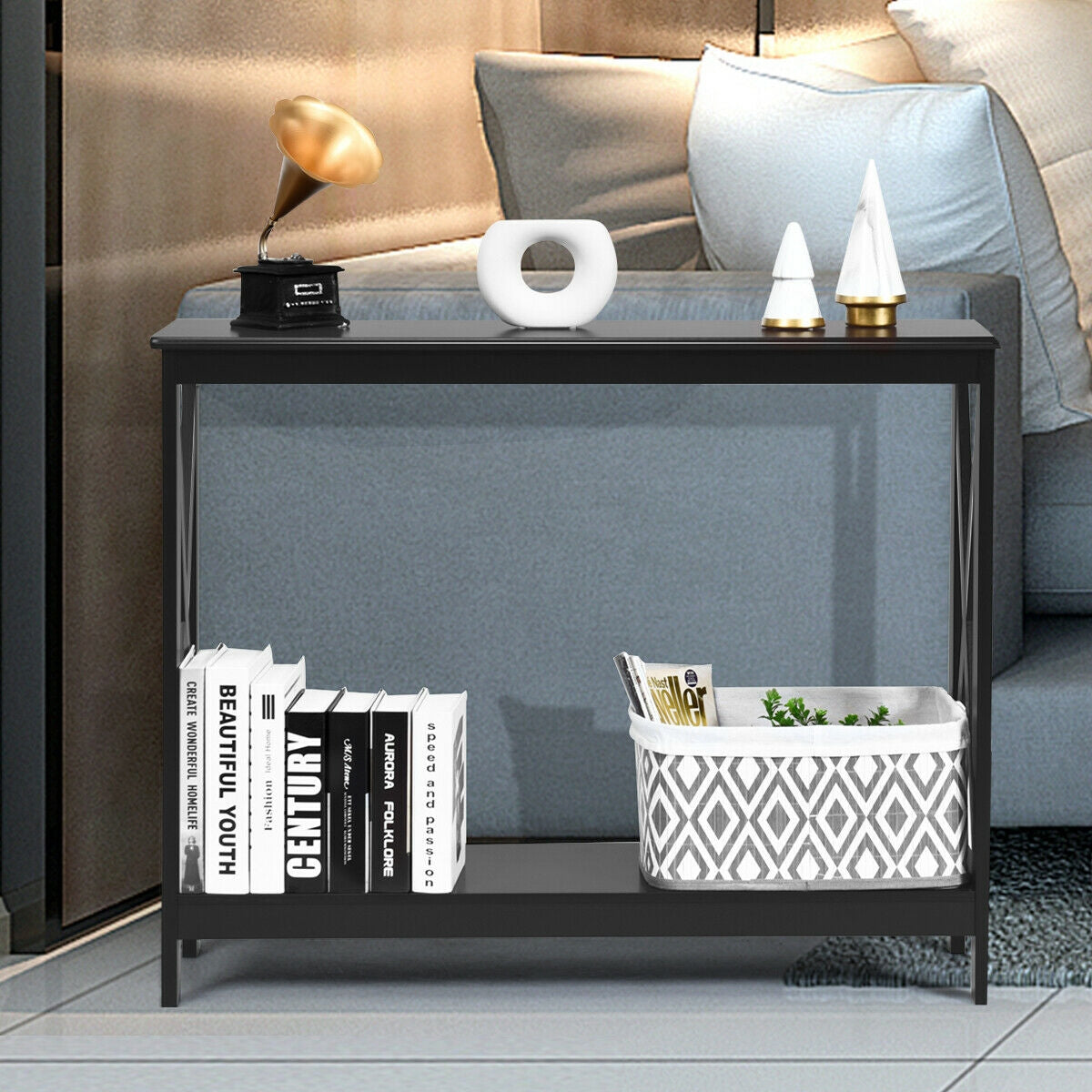 2 Tier Entryway Console Table with Open Shelves and X Frame in Black