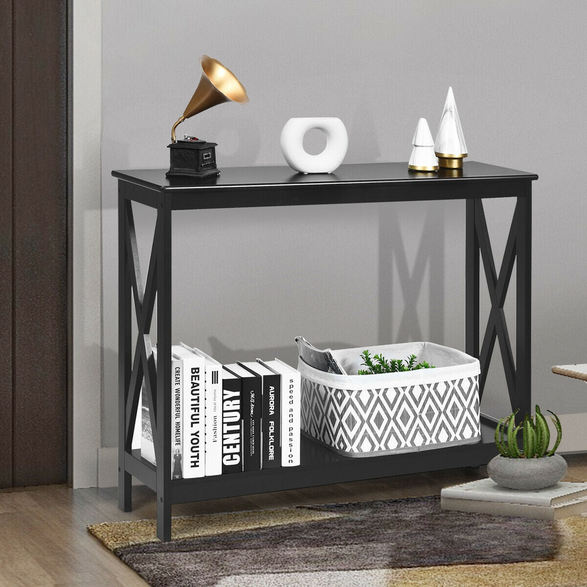 2 Tier Entryway Console Table with Open Shelves and X Frame in Black