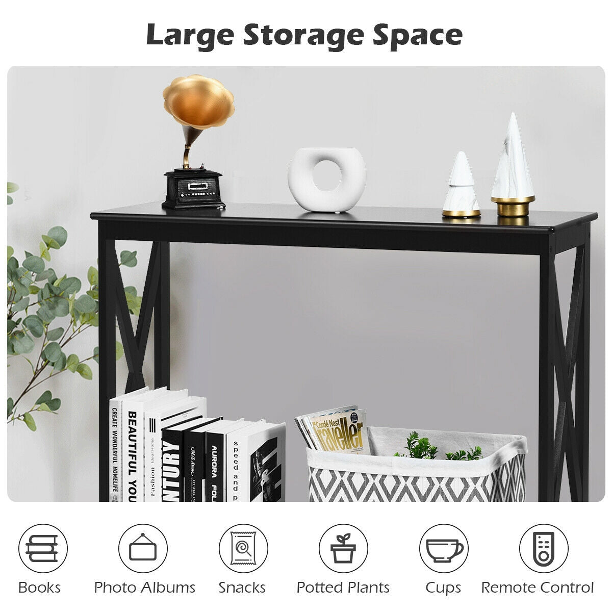 2 Tier Entryway Console Table with Open Shelves and X Frame in Black