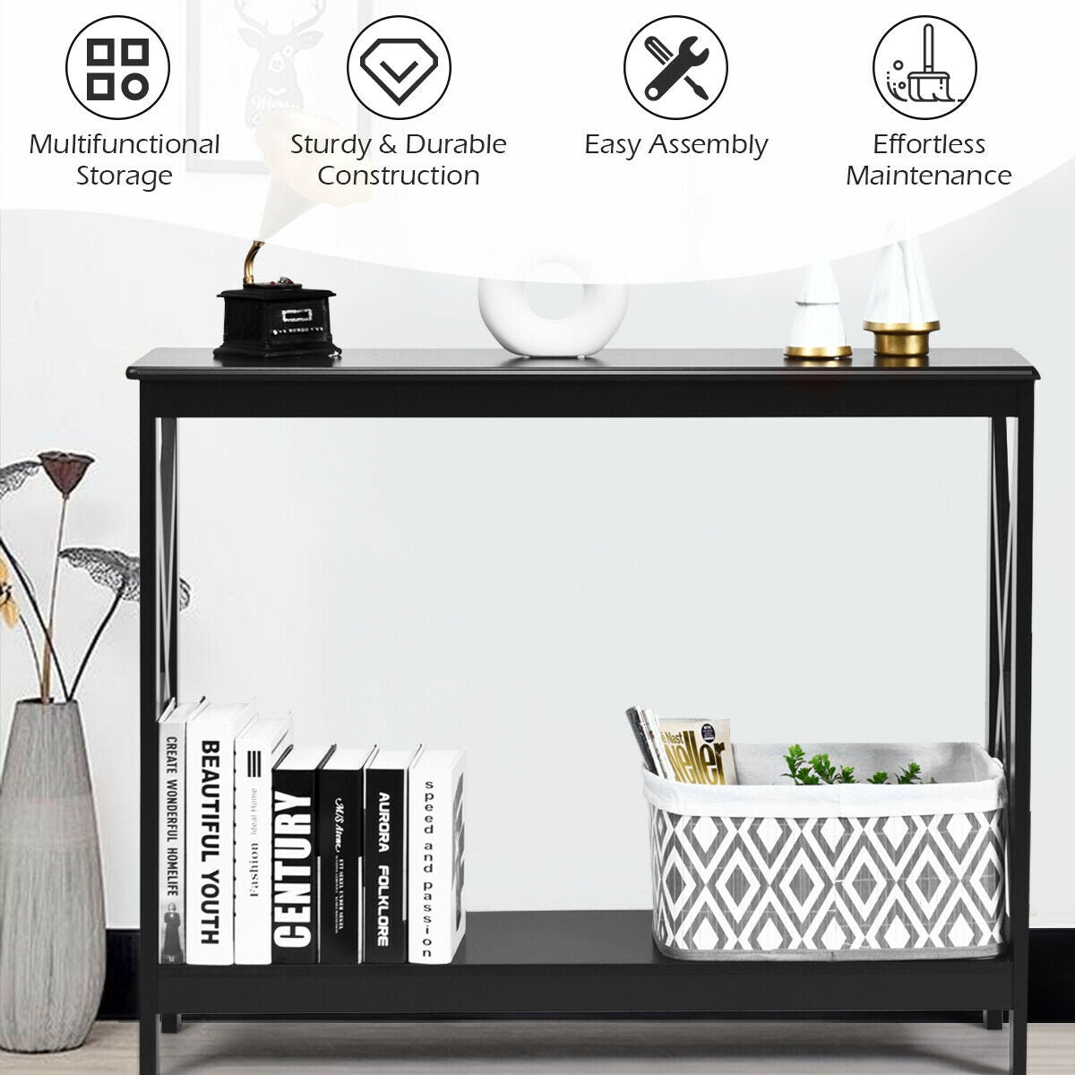 2 Tier Entryway Console Table with Open Shelves and X Frame in Black