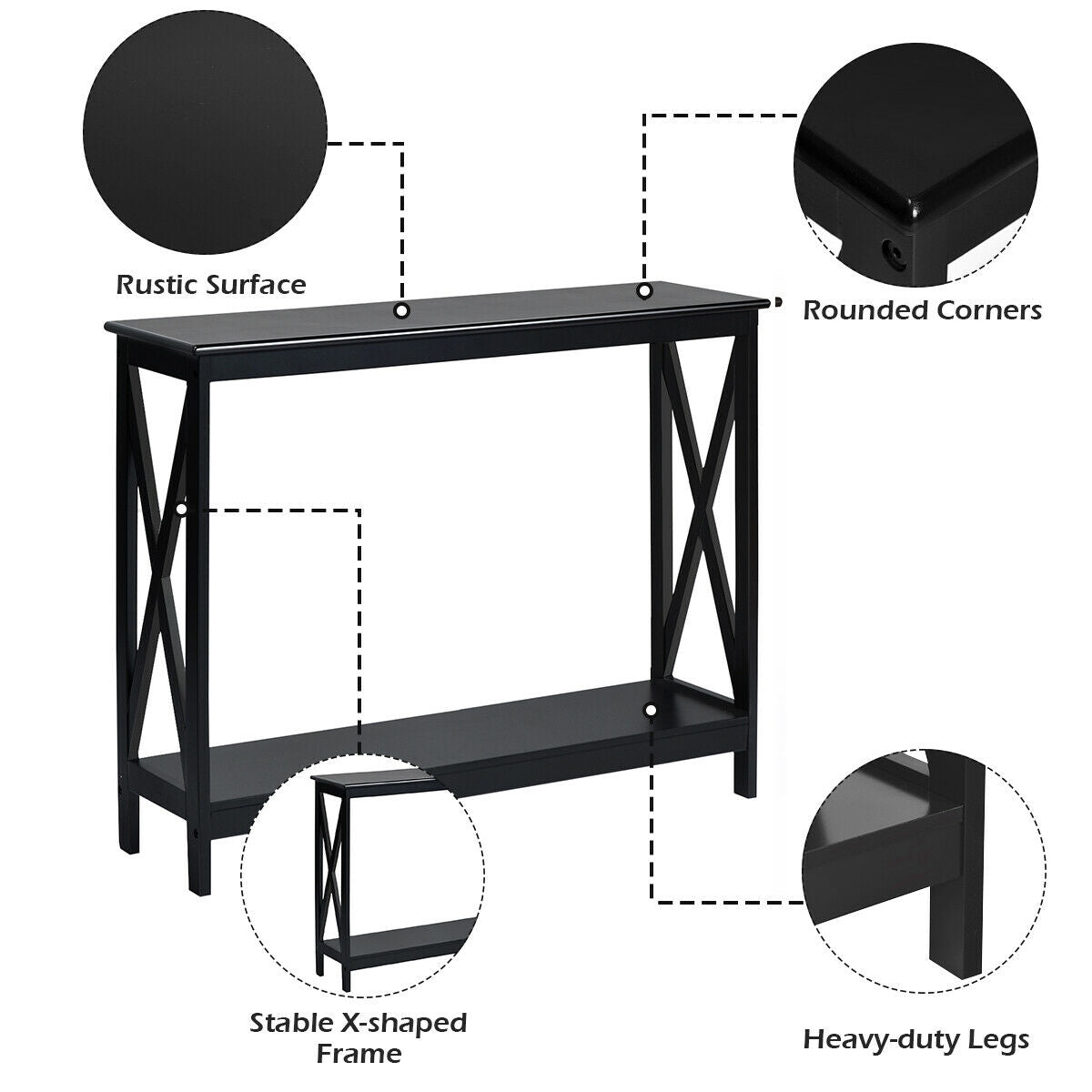2 Tier Entryway Console Table with Open Shelves and X Frame in Black