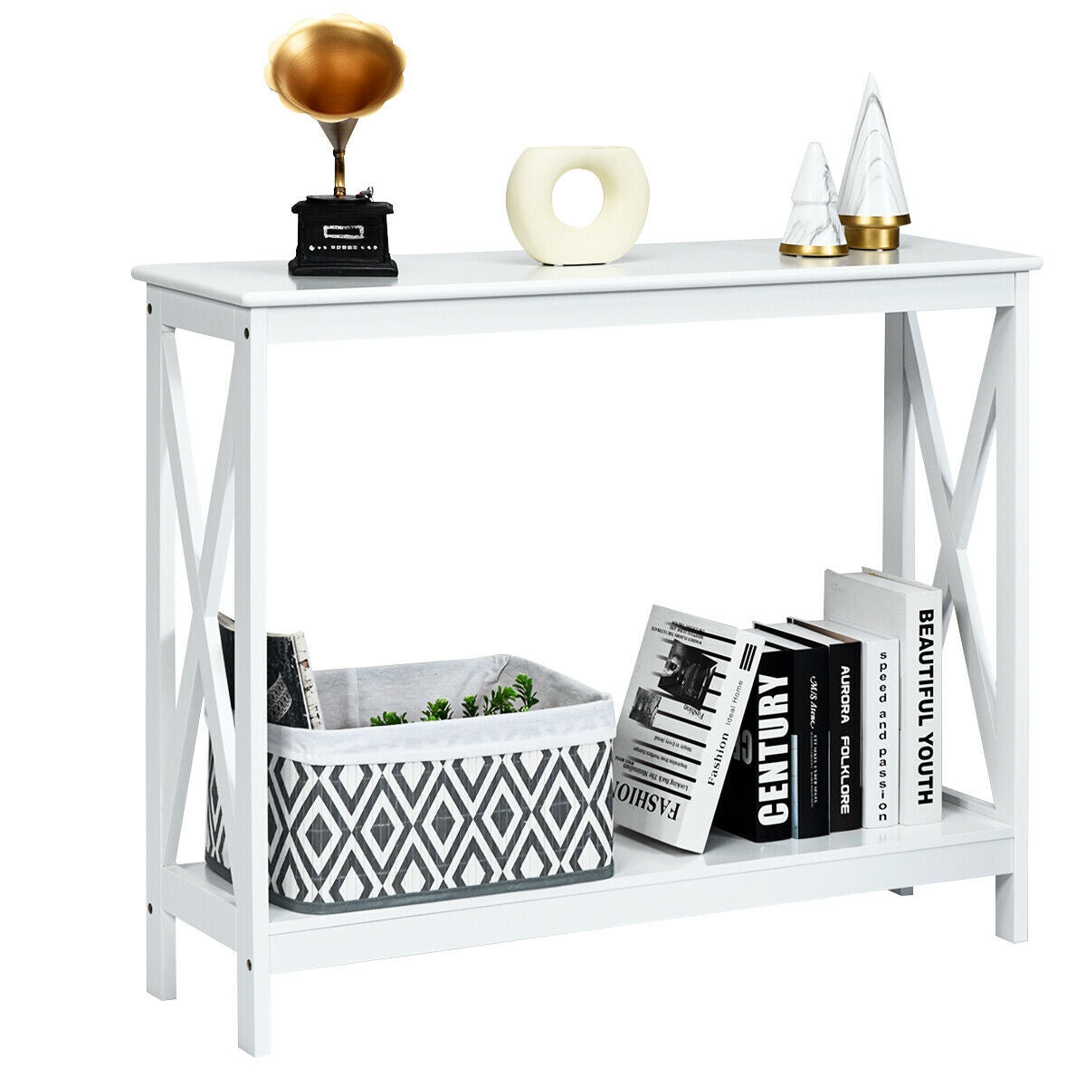 2 Tier Entryway Console Table with Open Shelves and X Frame in White