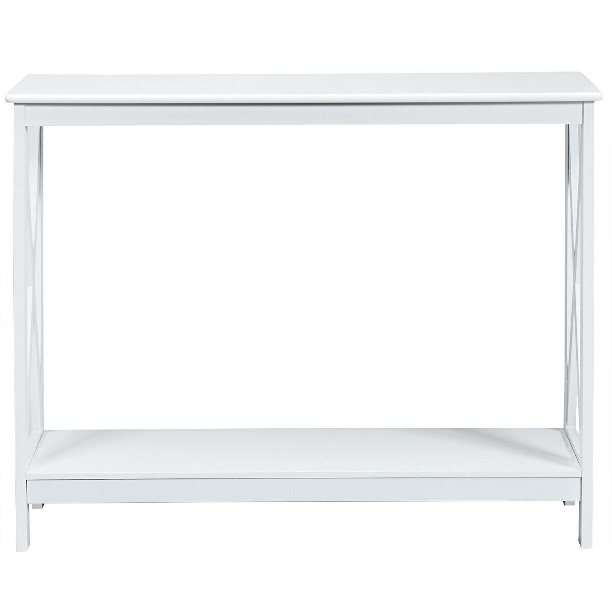 2 Tier Entryway Console Table with Open Shelves and X Frame in White
