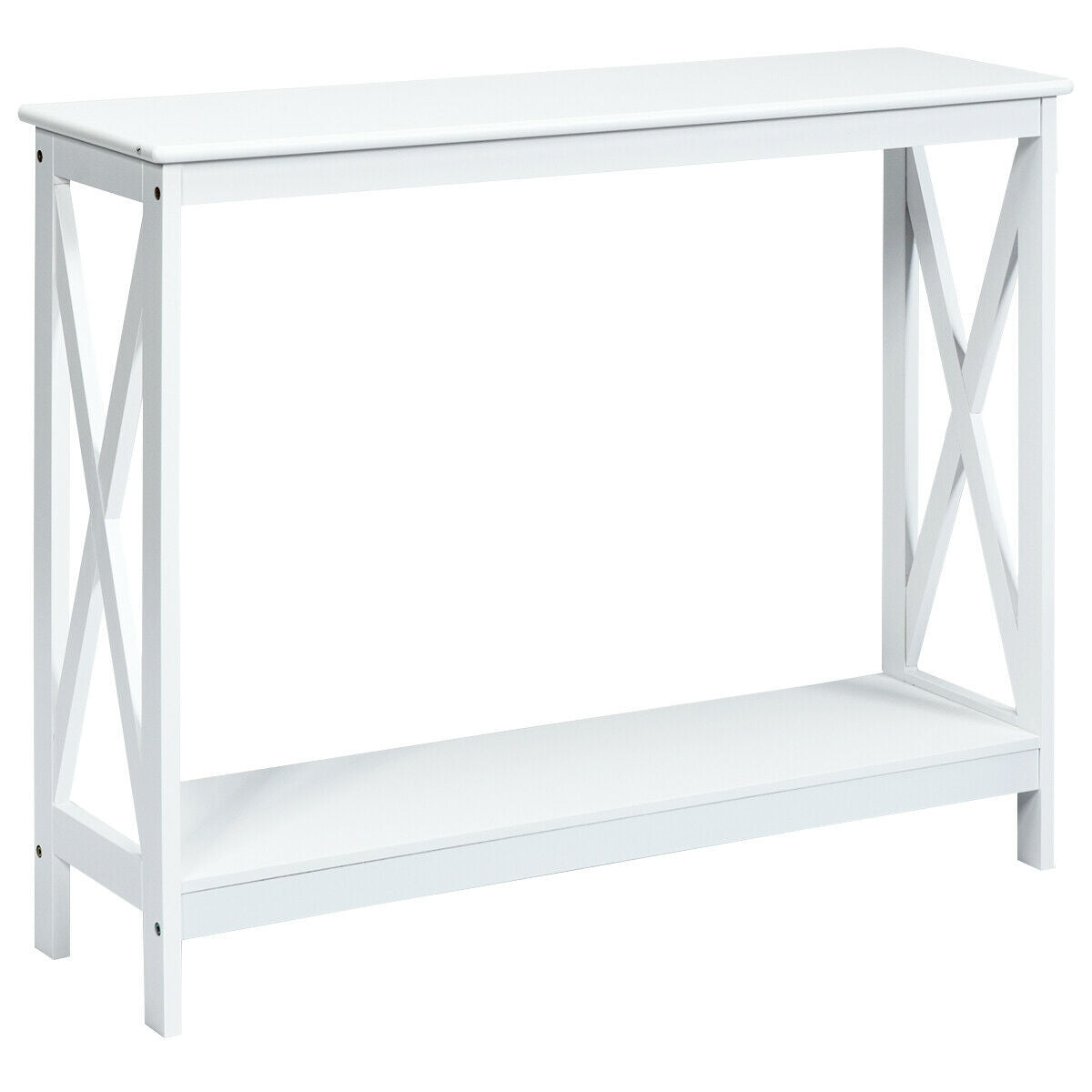 2 Tier Entryway Console Table with Open Shelves and X Frame in White