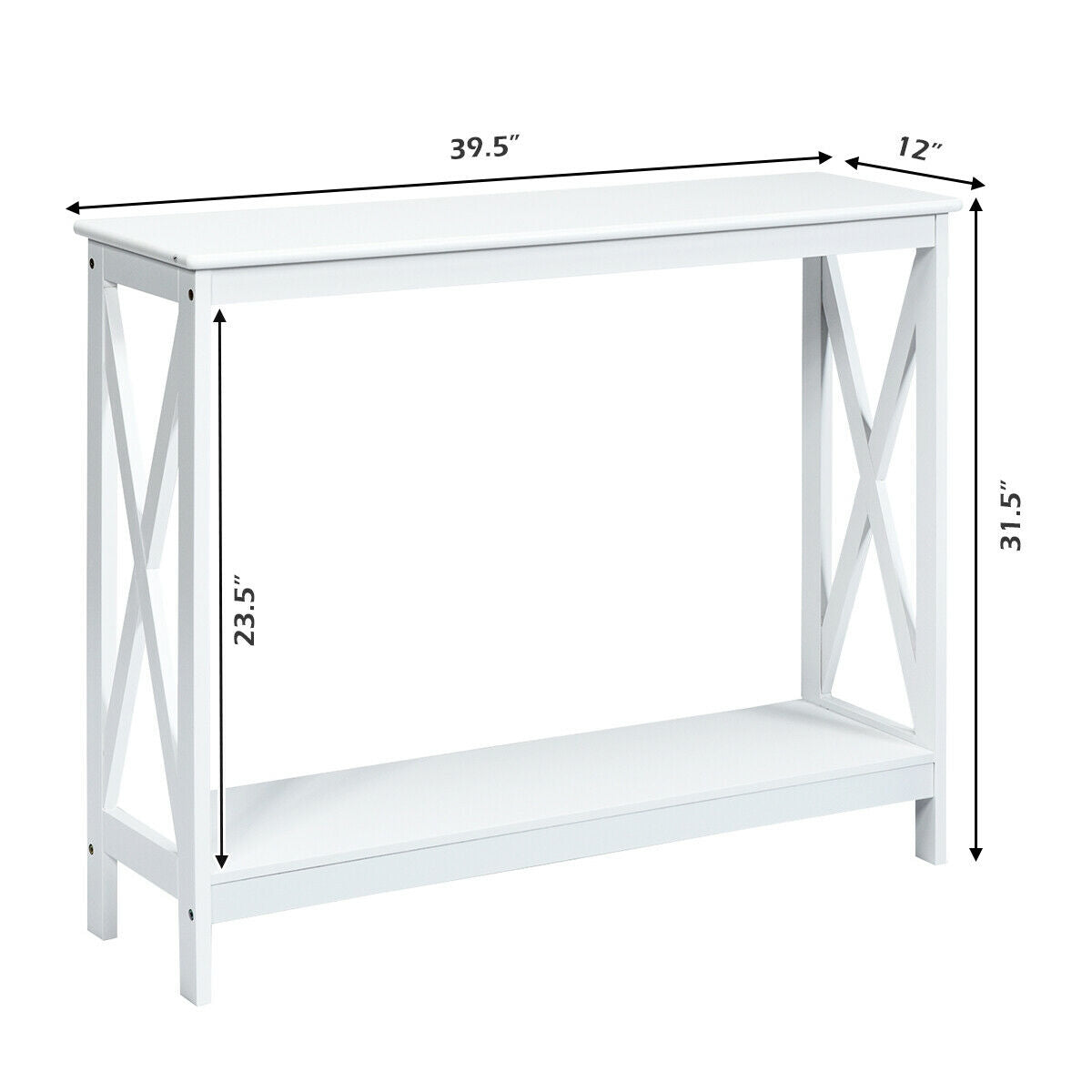 2 Tier Entryway Console Table with Open Shelves and X Frame in White