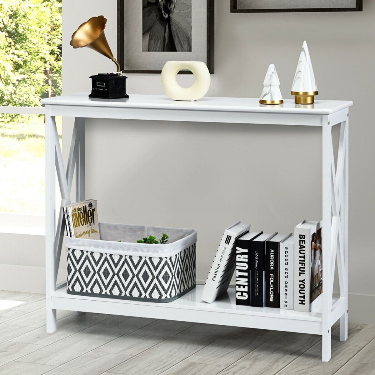 2 Tier Entryway Console Table with Open Shelves and X Frame in White