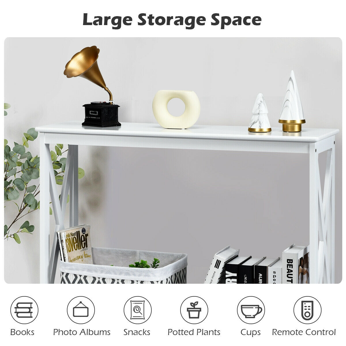 2 Tier Entryway Console Table with Open Shelves and X Frame in White