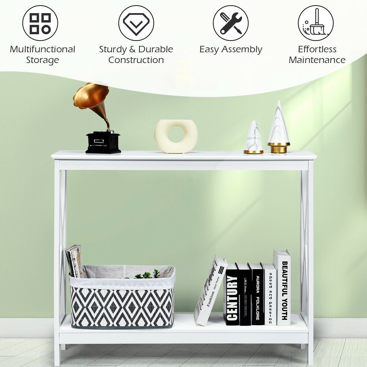 2 Tier Entryway Console Table with Open Shelves and X Frame in White