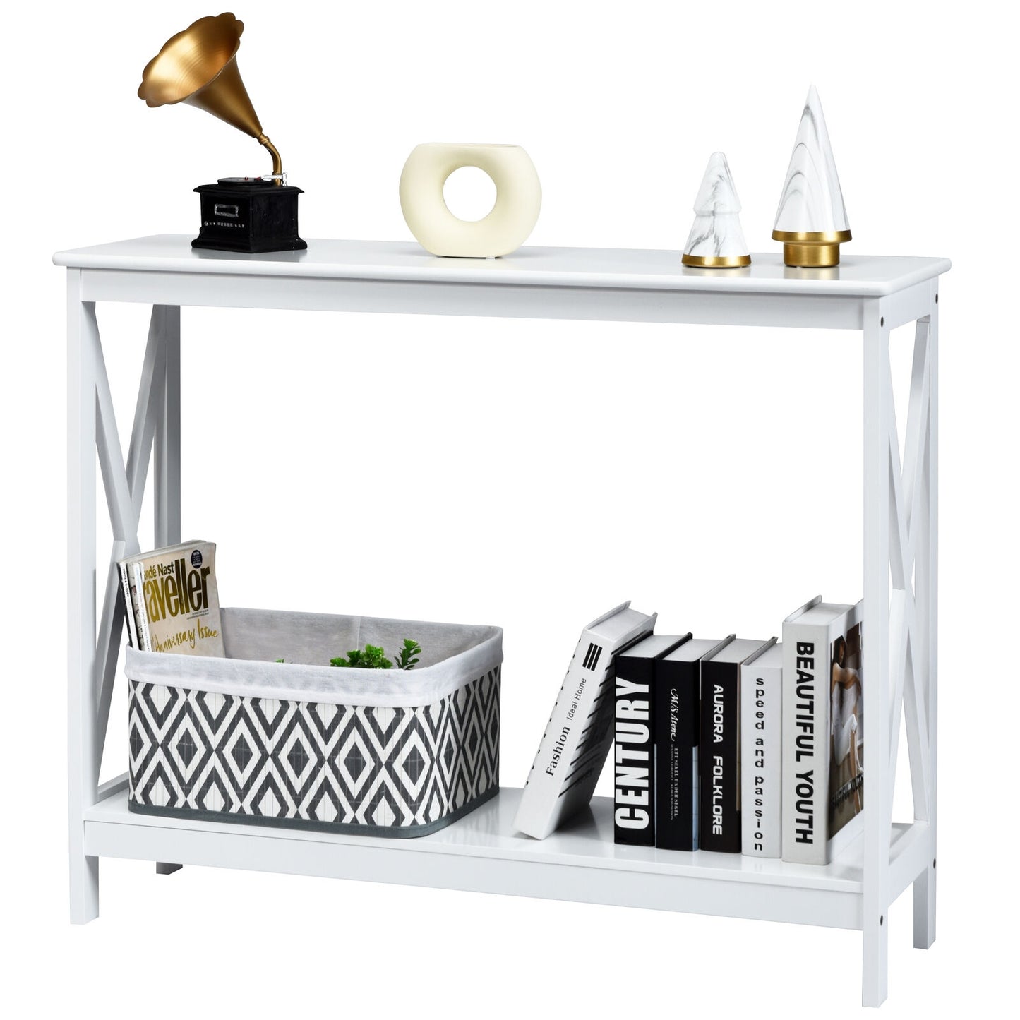 2 Tier Entryway Console Table with Open Shelves and X Frame in White