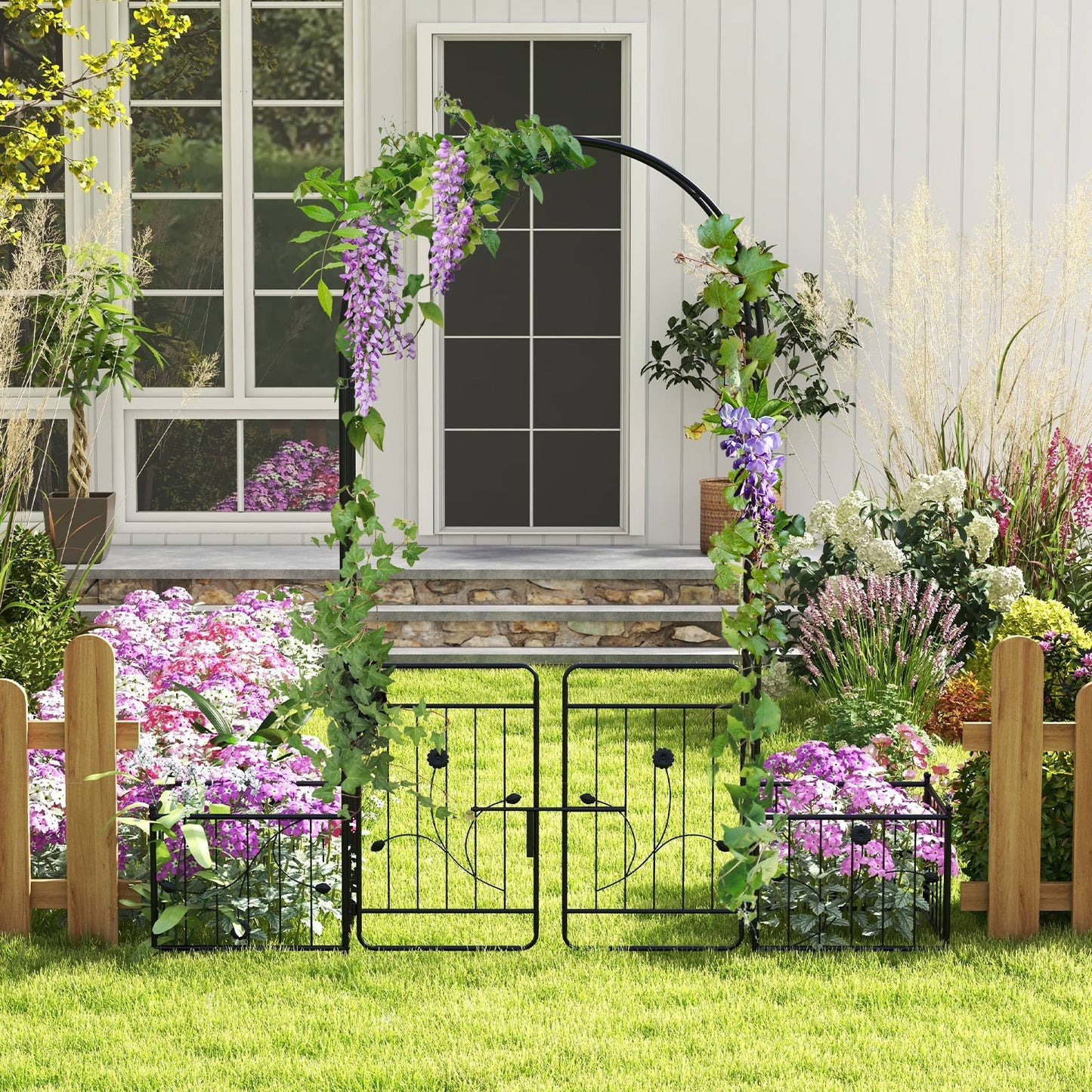 87 Inch Garden Arbor with Lockable Gate, Climbing Trellis, and Side Planters