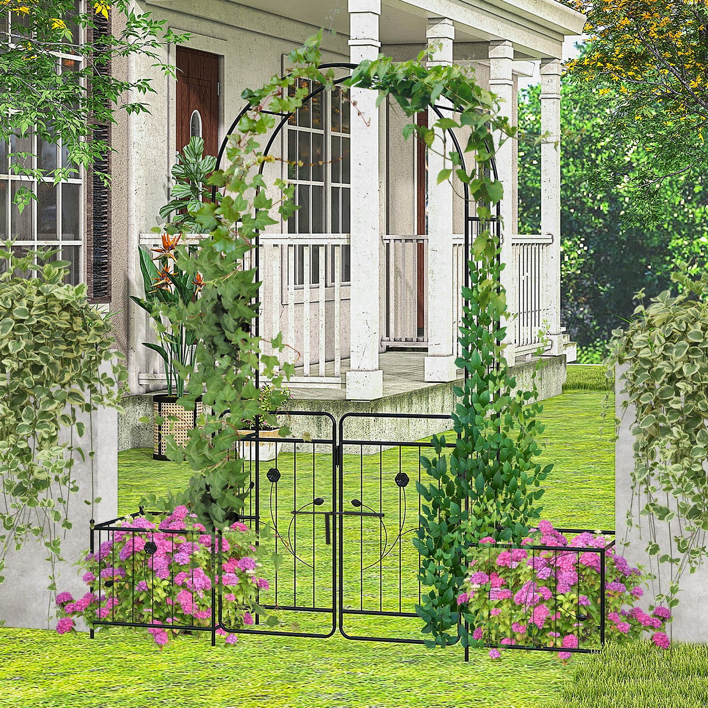 87 Inch Garden Arbor with Lockable Gate, Climbing Trellis, and Side Planters