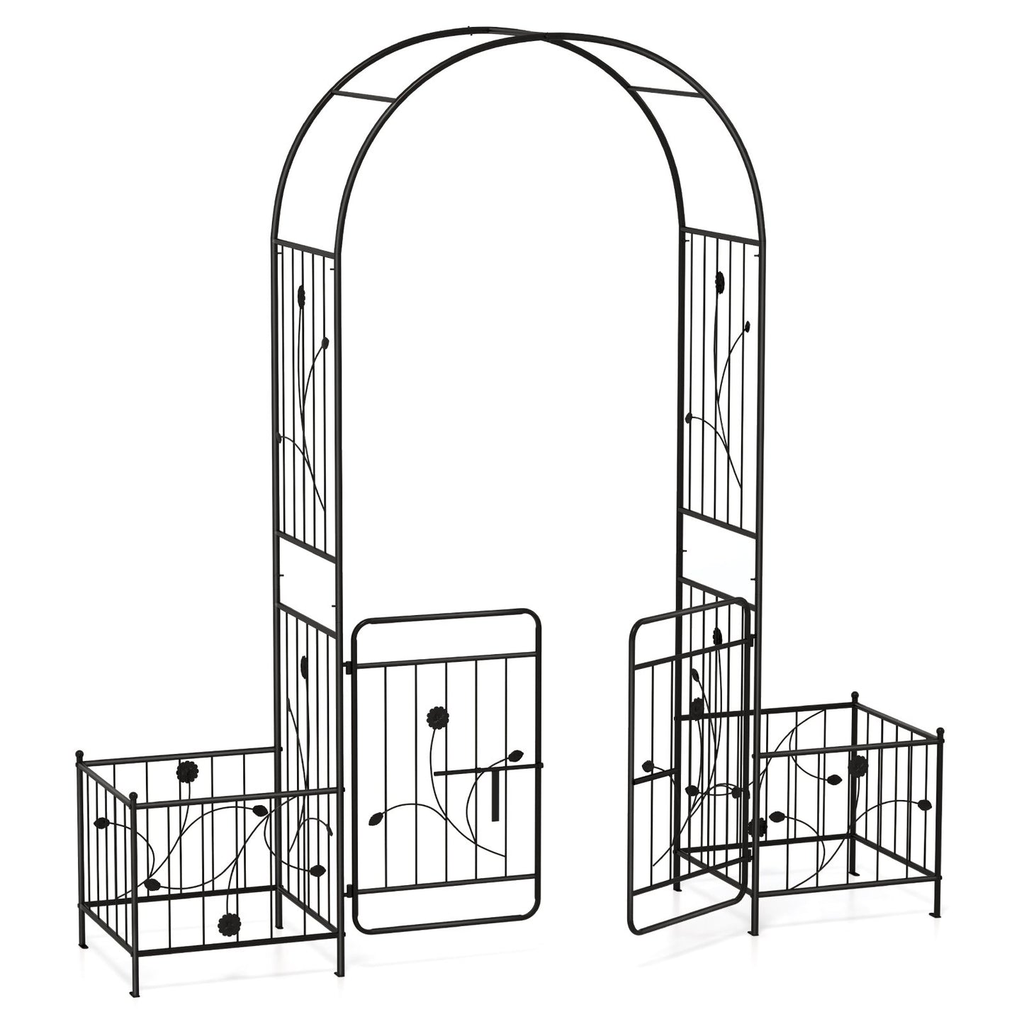 87 Inch Garden Arbor with Lockable Gate, Climbing Trellis, and Side Planters